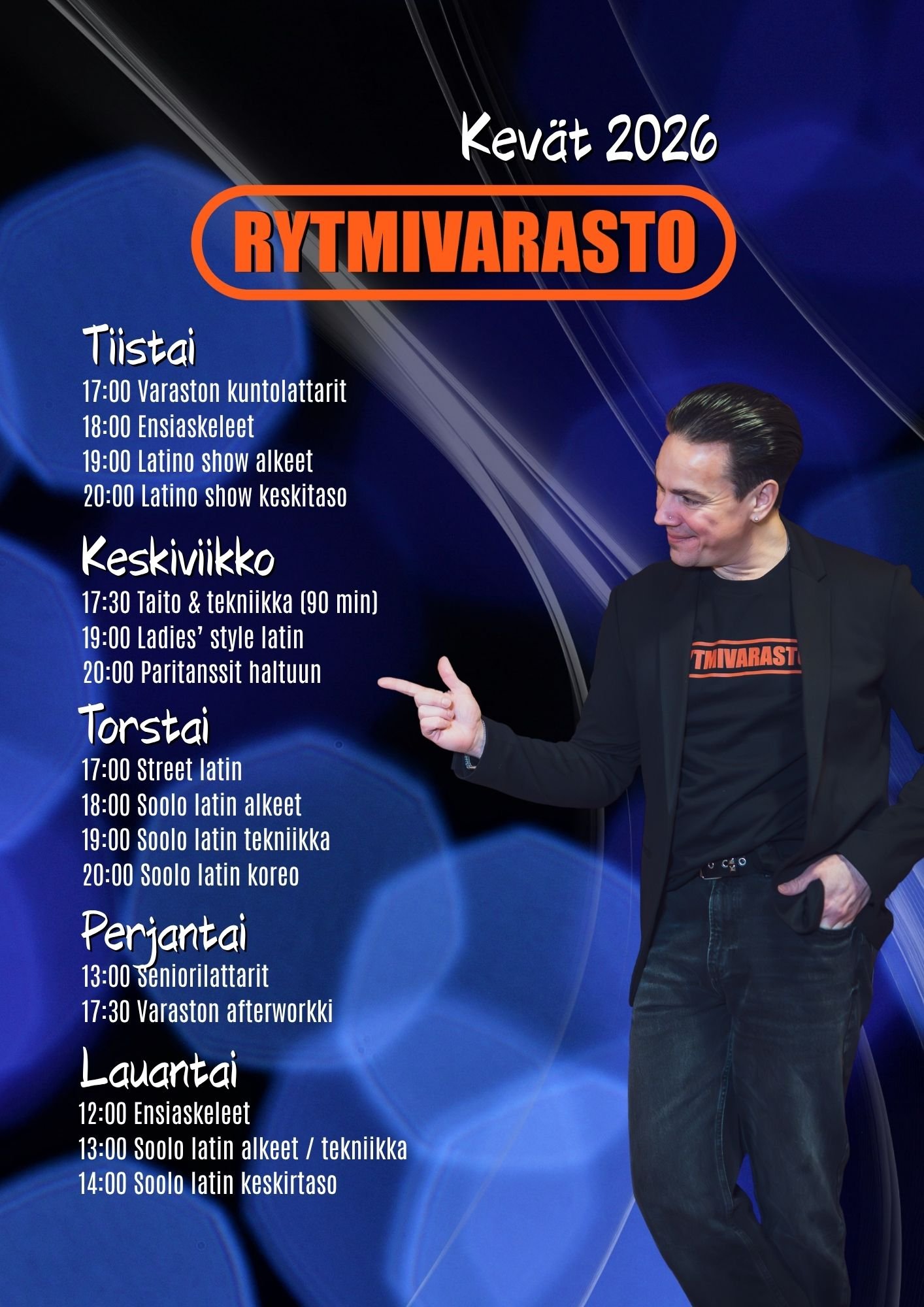 Rytmivaraston kevään 2026 aikataulu, sisältäen päivän tunnit ja kuva henkilö, joka viittaa tapahtuman ohjelmaan.