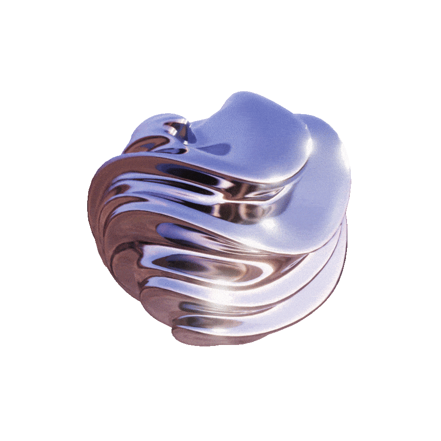 A shiny, abstract, metallic sculpture with swirling, layered shapes against a light purple background.