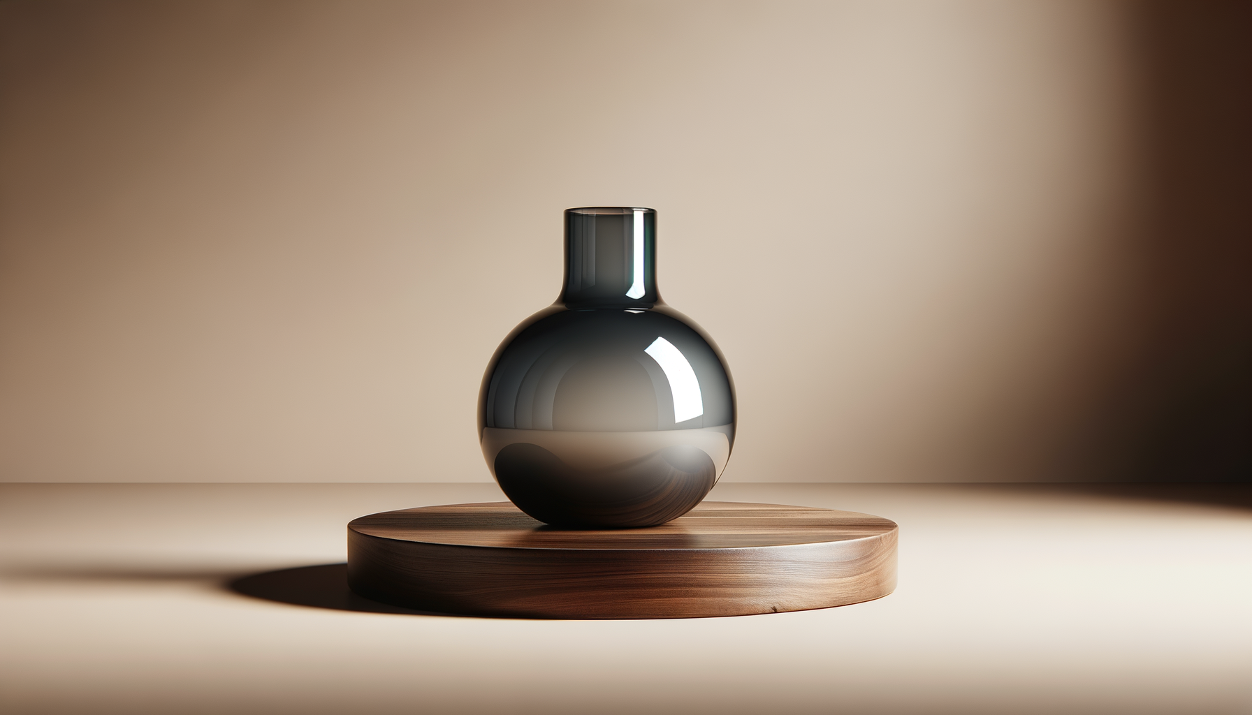 A black, glossy, spherical vase with a narrow neck, placed on a round wooden platform with a plain background.