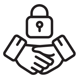 Icon of a handshake with a padlock overhead, symbolizing secure agreement or partnership.