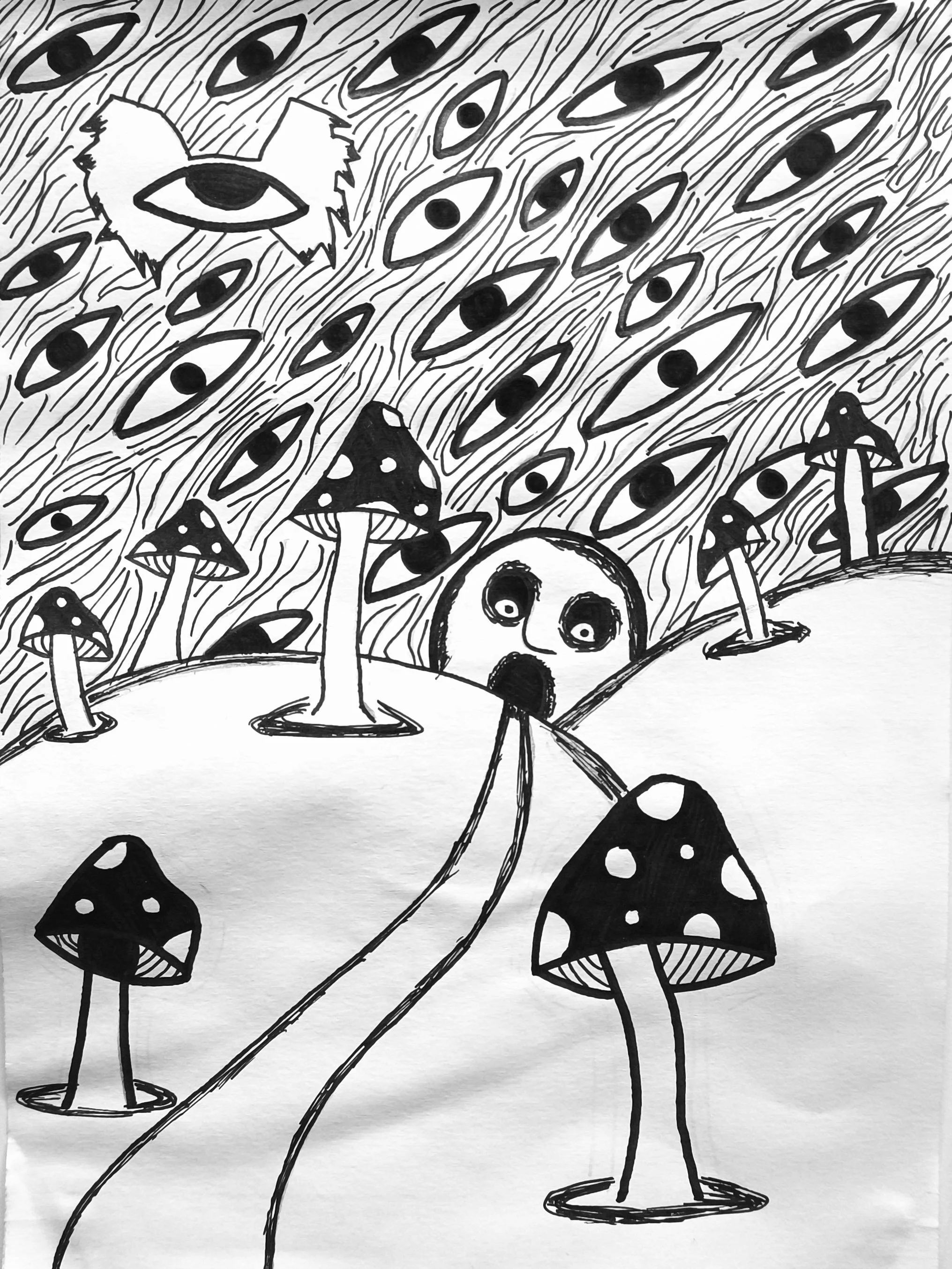 Black-and-white cartoon scene with mushrooms growing on an island, eyes with pupils in the sky, a large eye with a surprised face on the hill, and a terrified face in the middle of the scene.