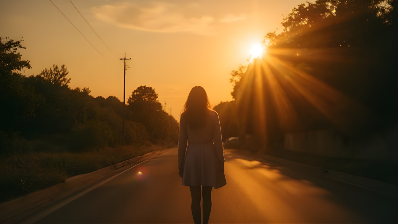 Silhouette of a woman in a dress walking on a quiet road at sunset.