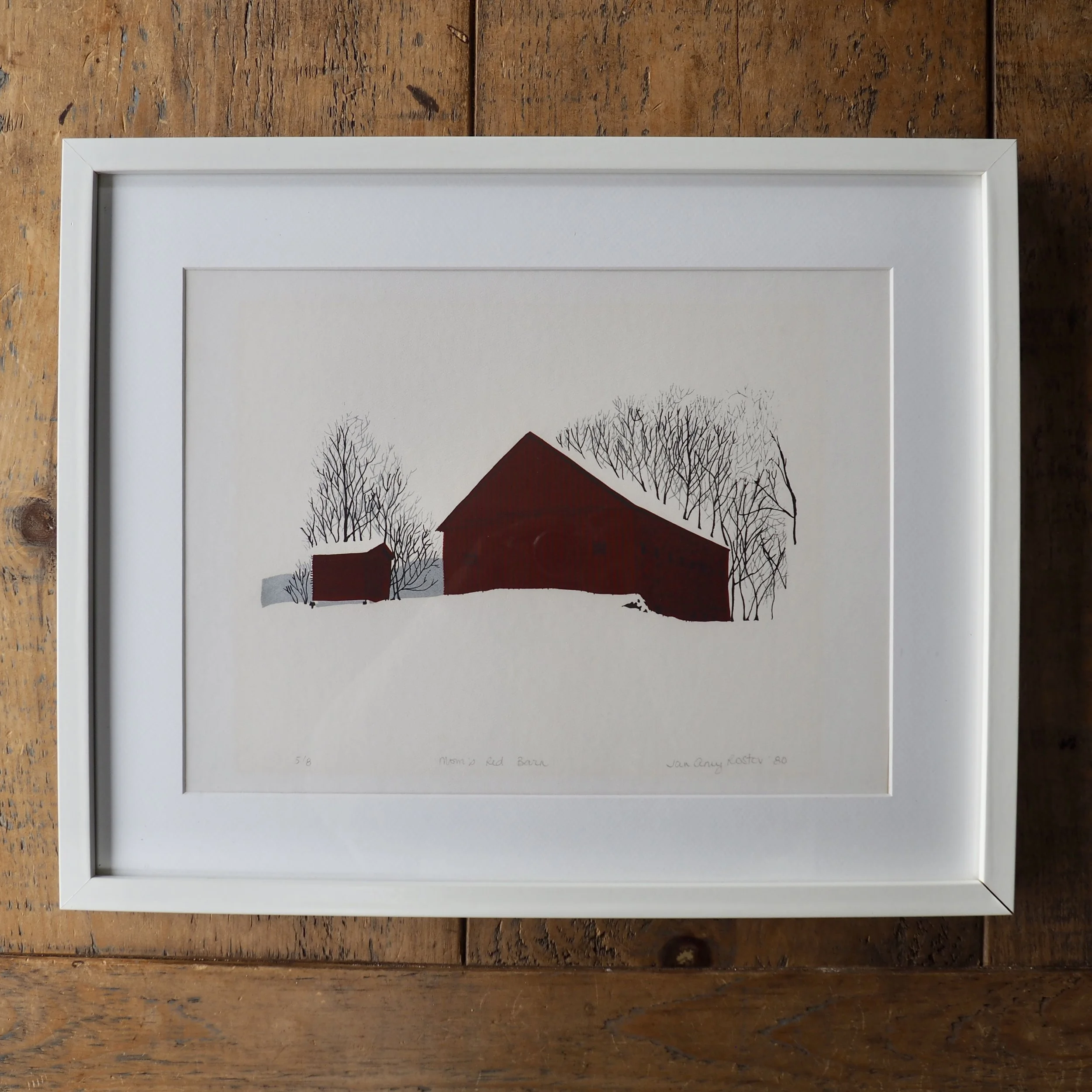 scandi inspired original sceenprint titled "Mom's Red Barn" by Jan Amy Rostov dated 1980