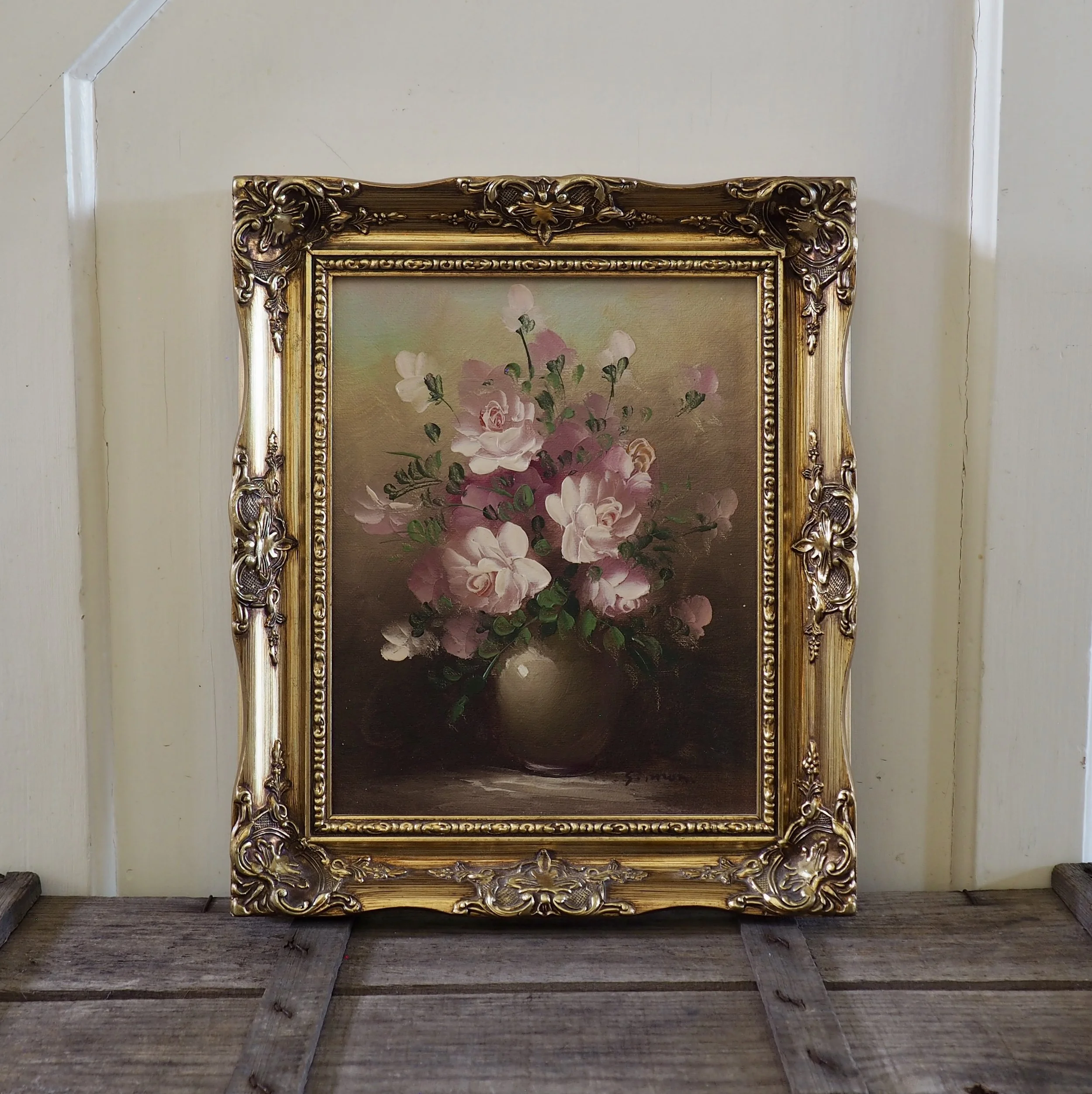 small framed oil on canvas still life of roses in a vase