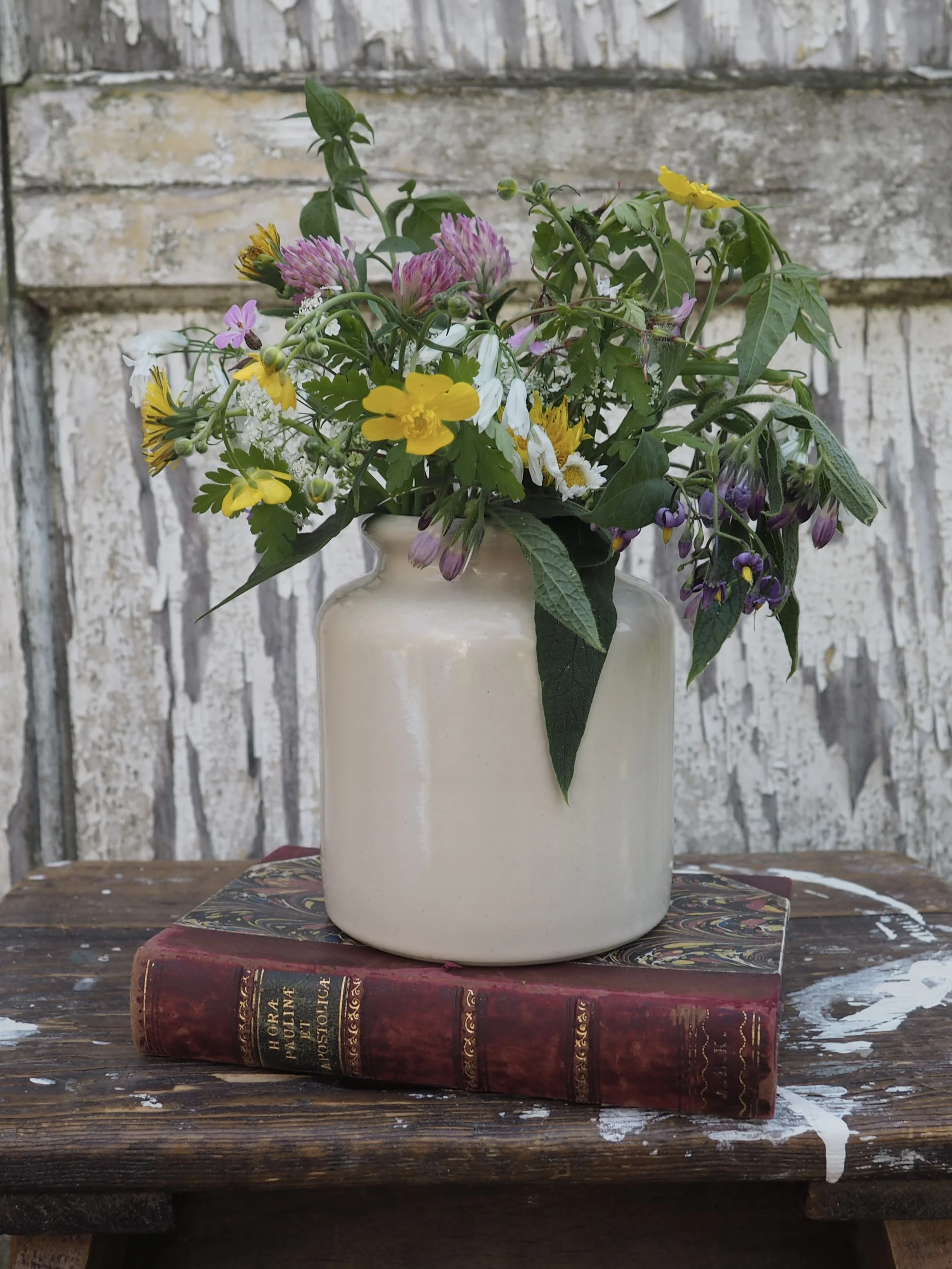 Vintage stoneware mustard pot with wild flowers