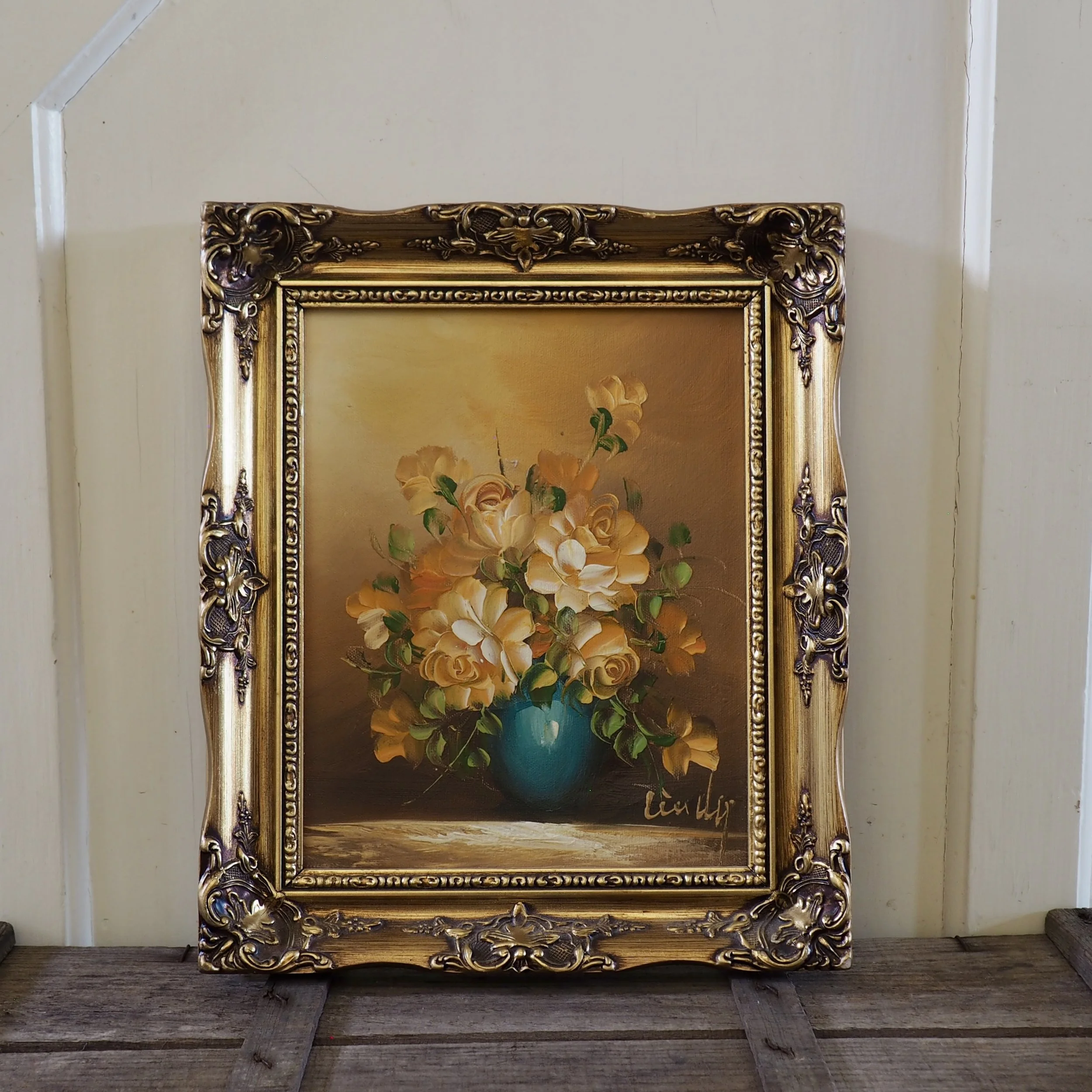 oil on canvas, small framed still life, roses in a vase, signed