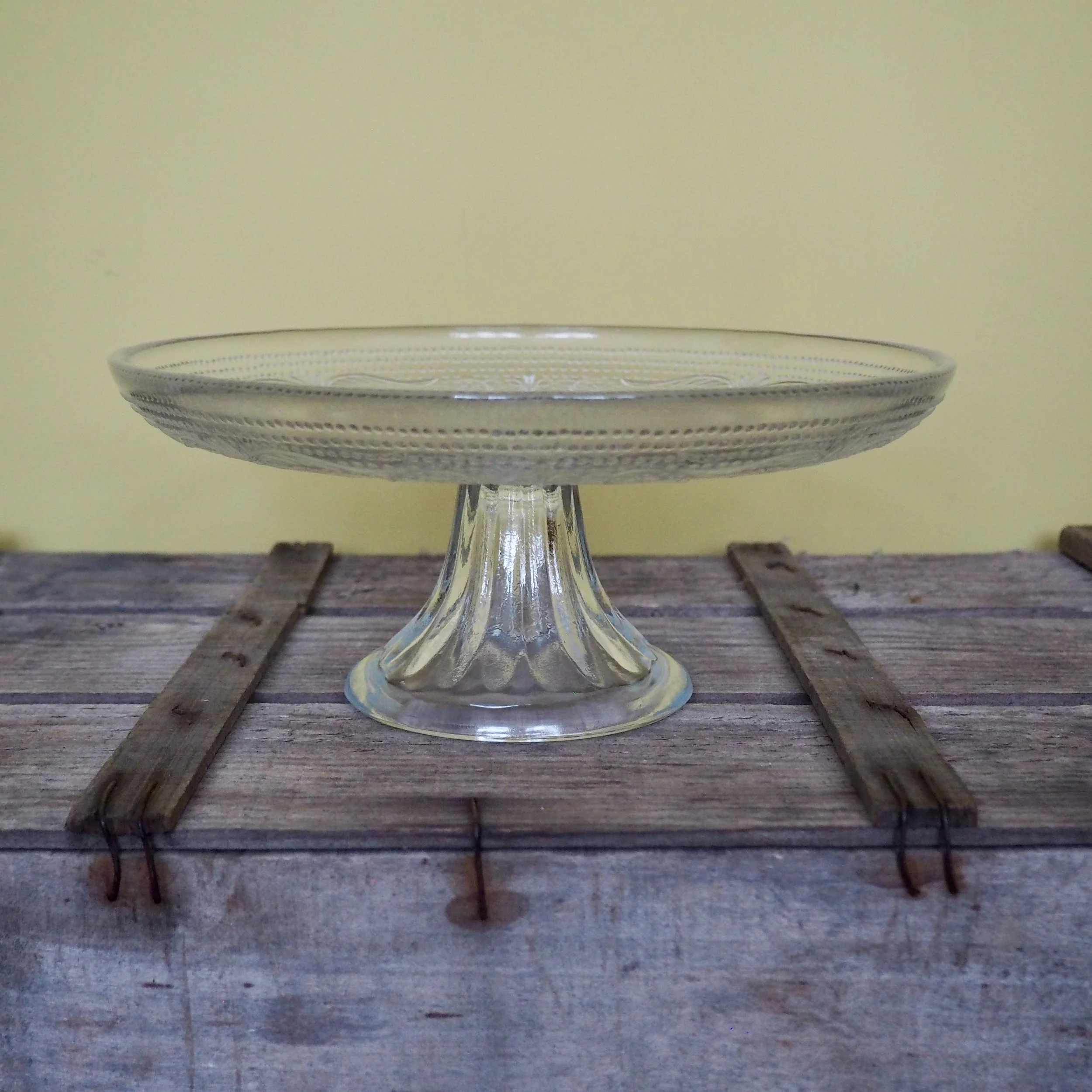 pressed glass cake stand side view