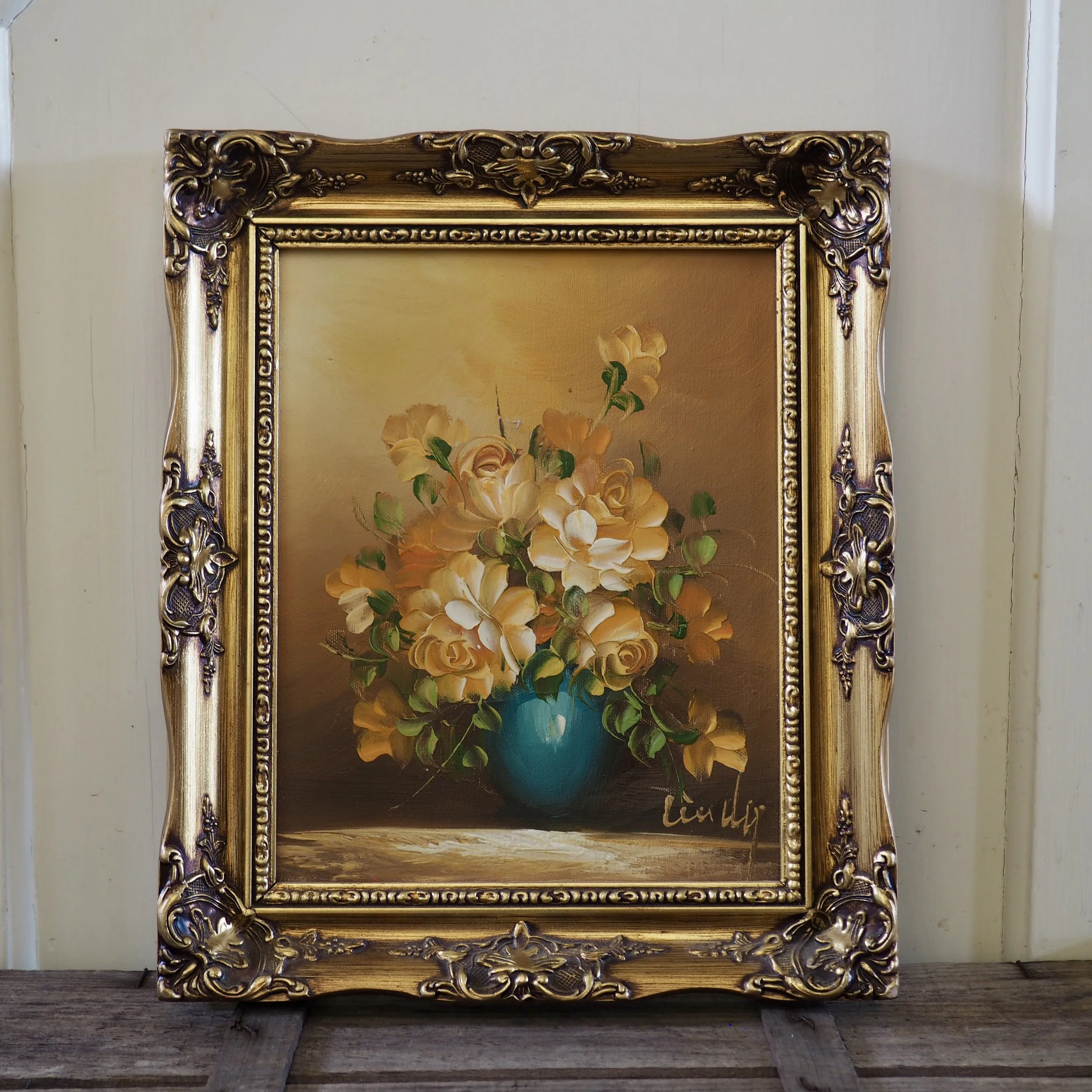 oil on canvas, small framed still life, signed. Roses in a vase