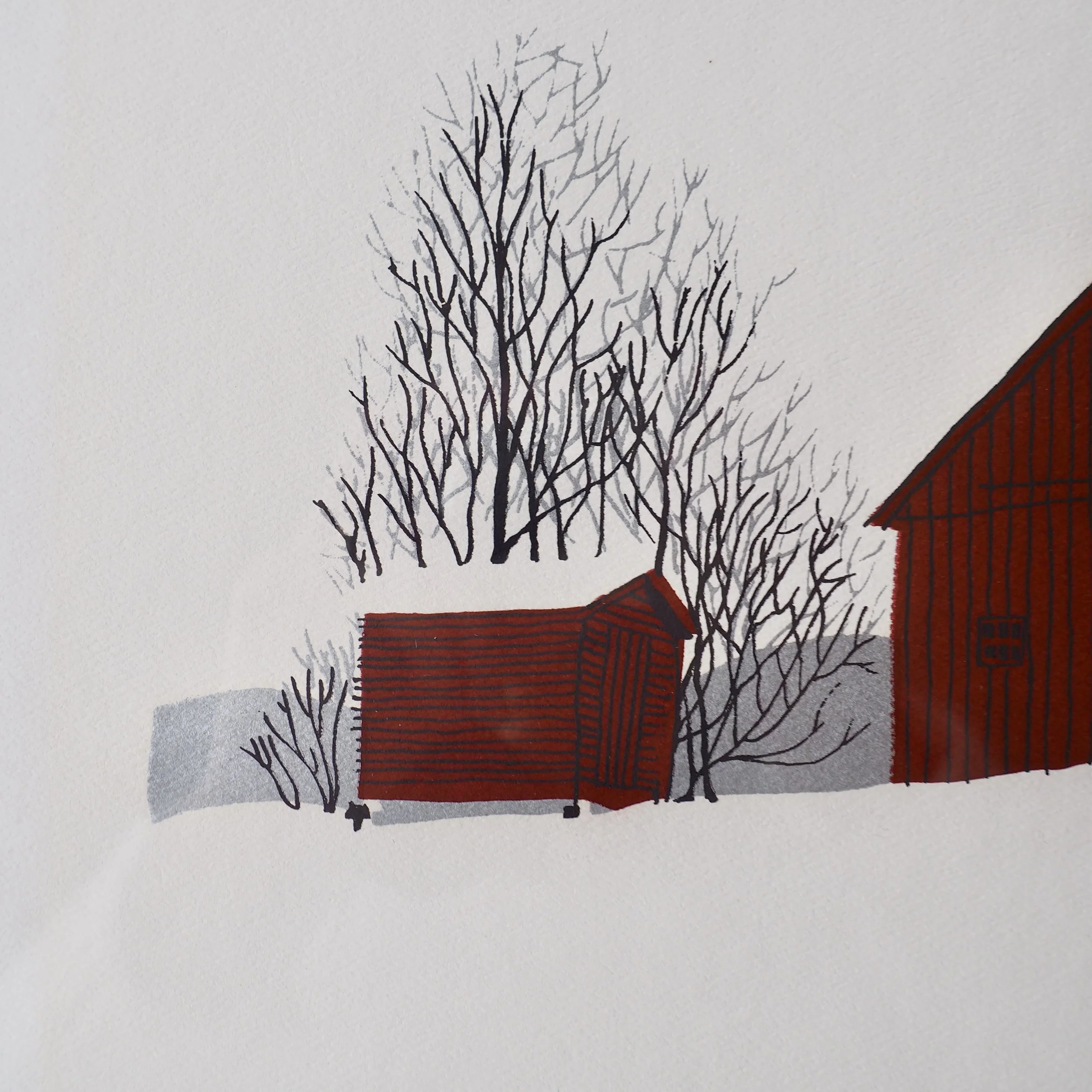 close up of screen printed red barn
