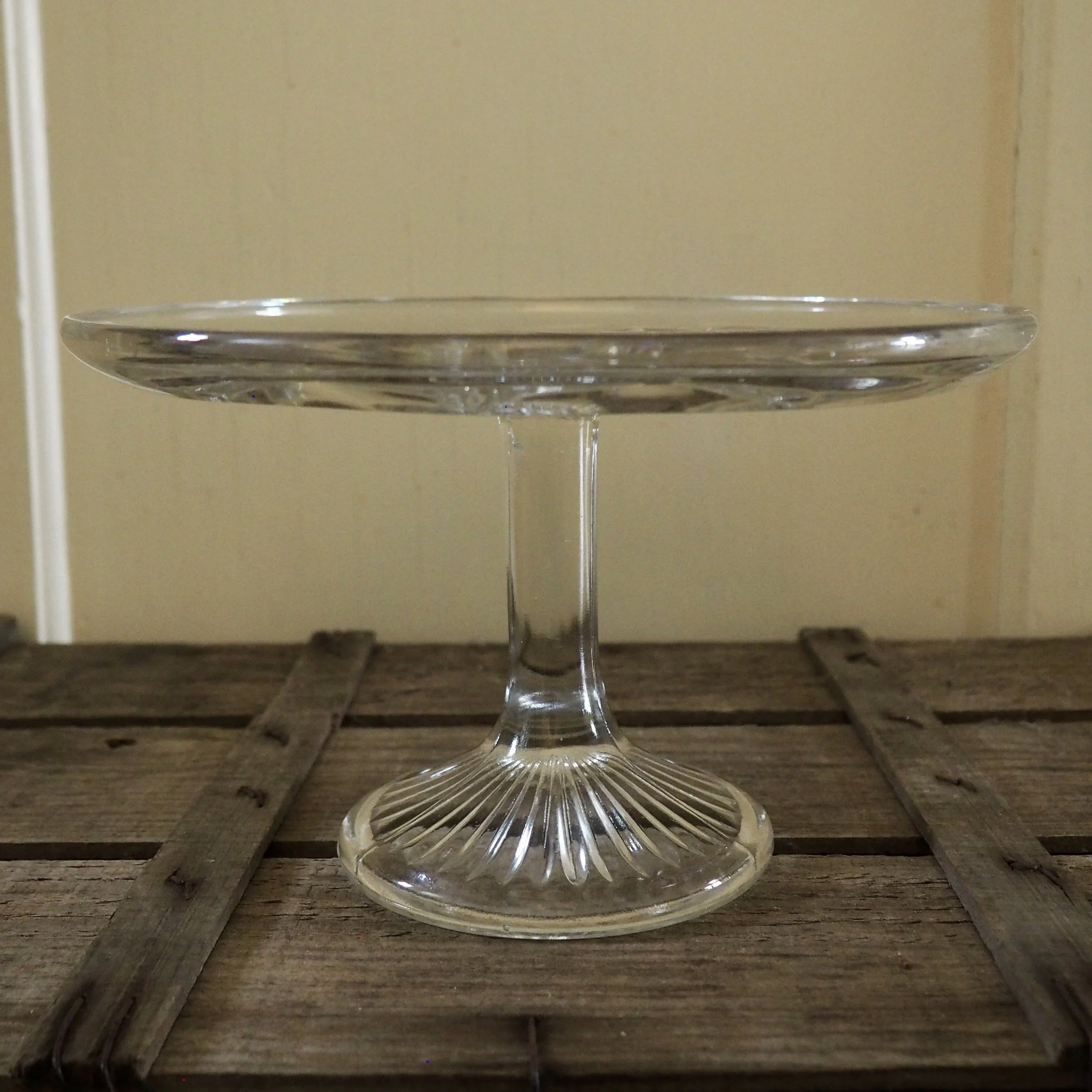 pressed glass cake stand side view