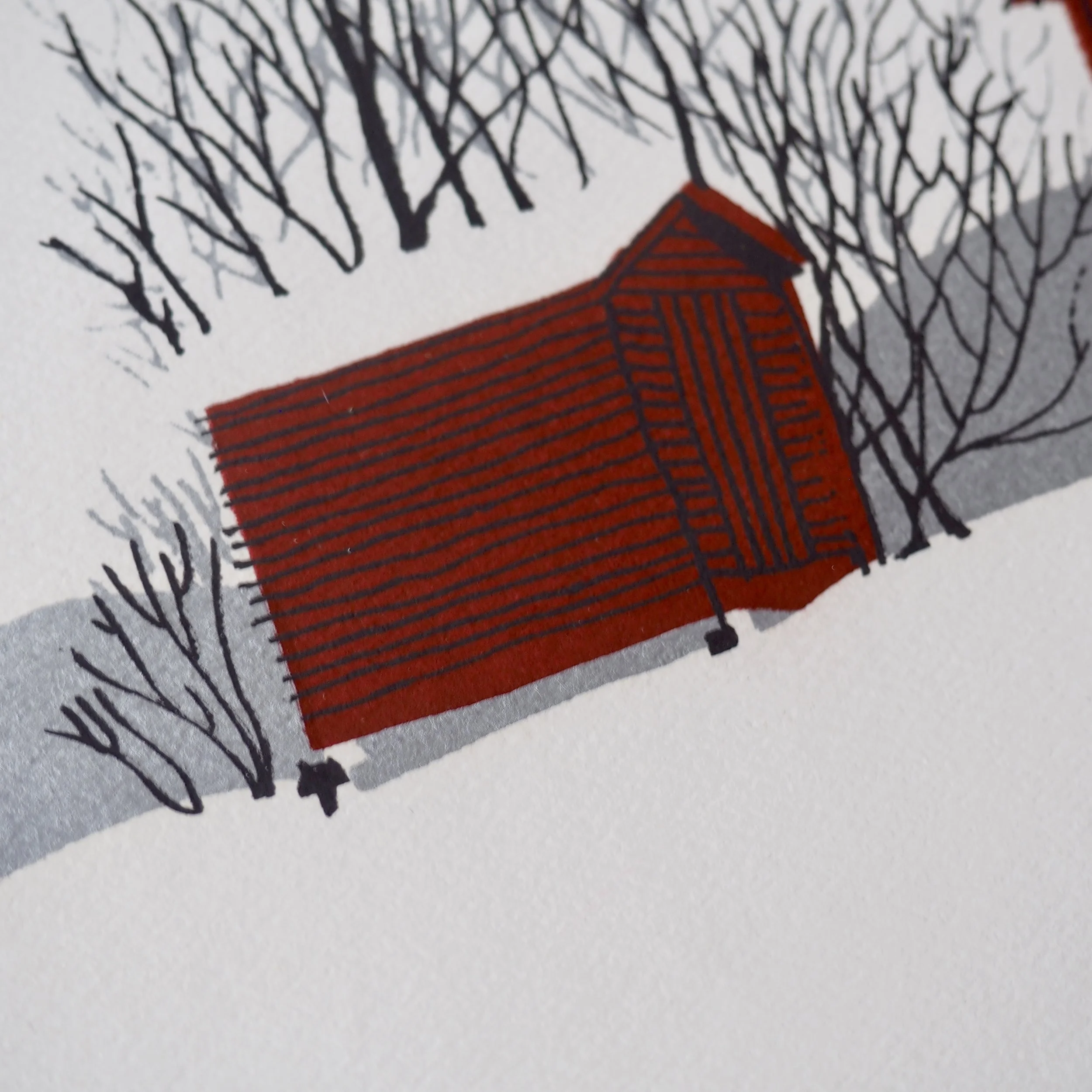 close up of screen printed red barn
