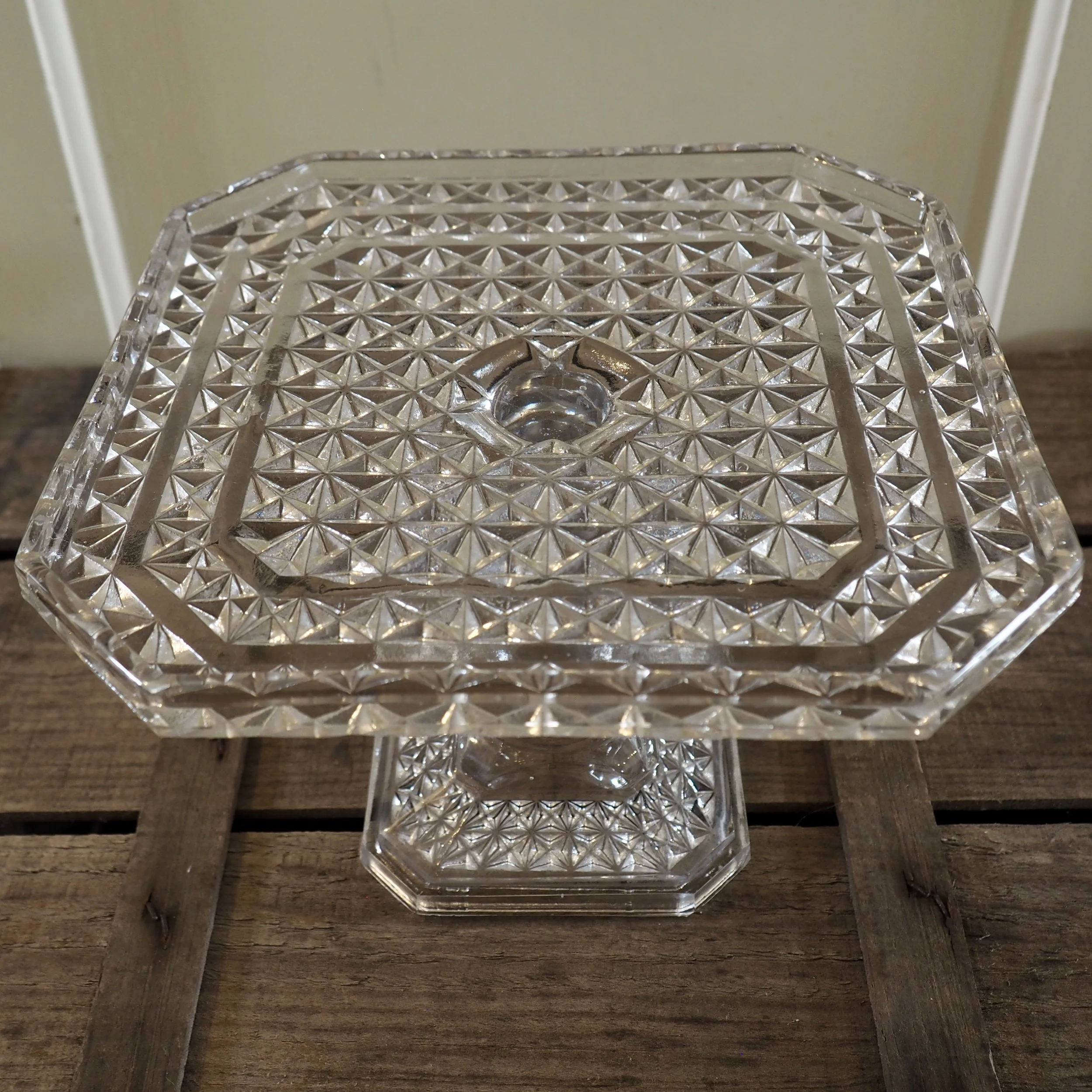 heavy squared pressed glass cake stand