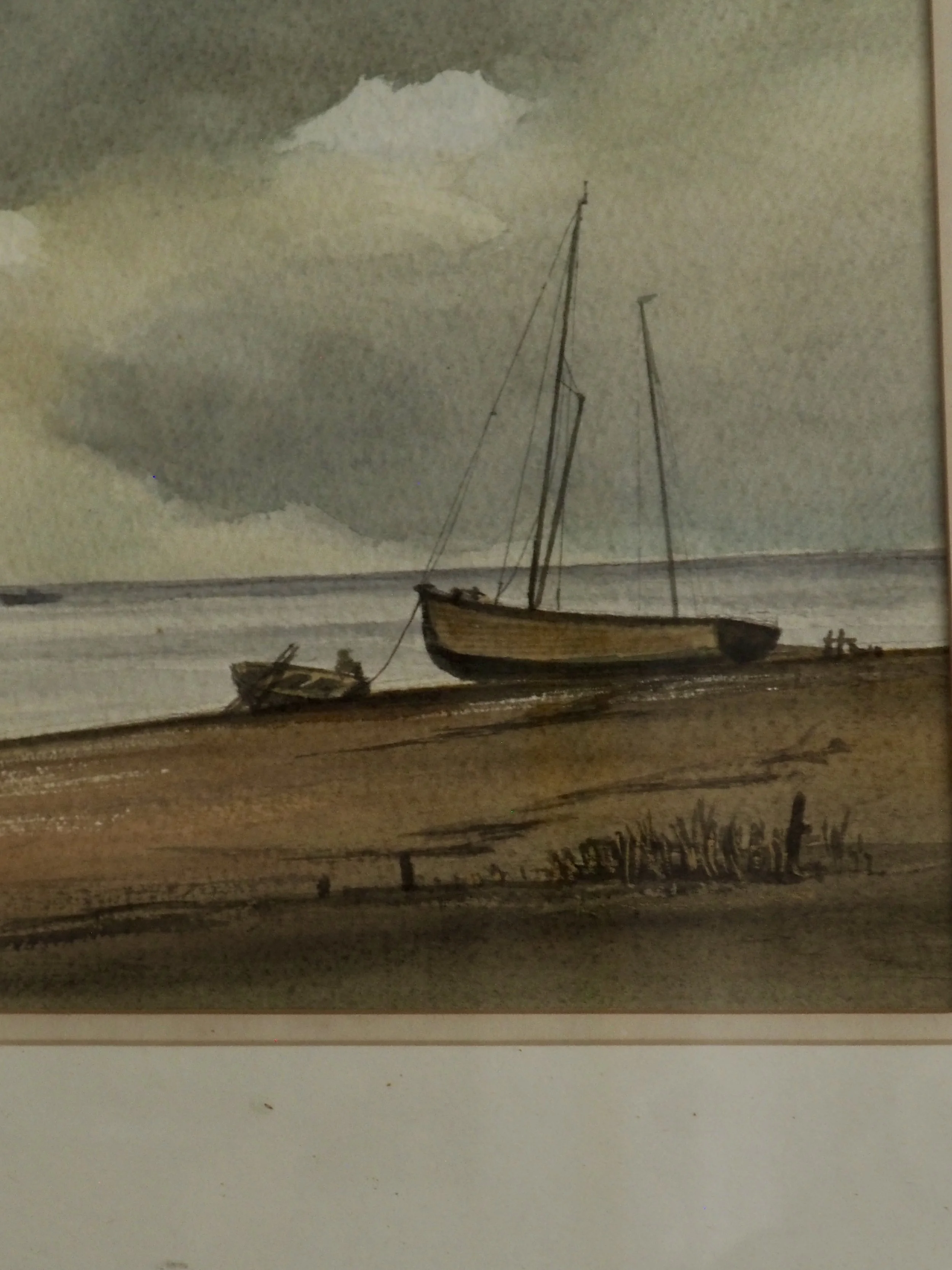 Close up of beach scene with boats in watercolour by Stephen Foster