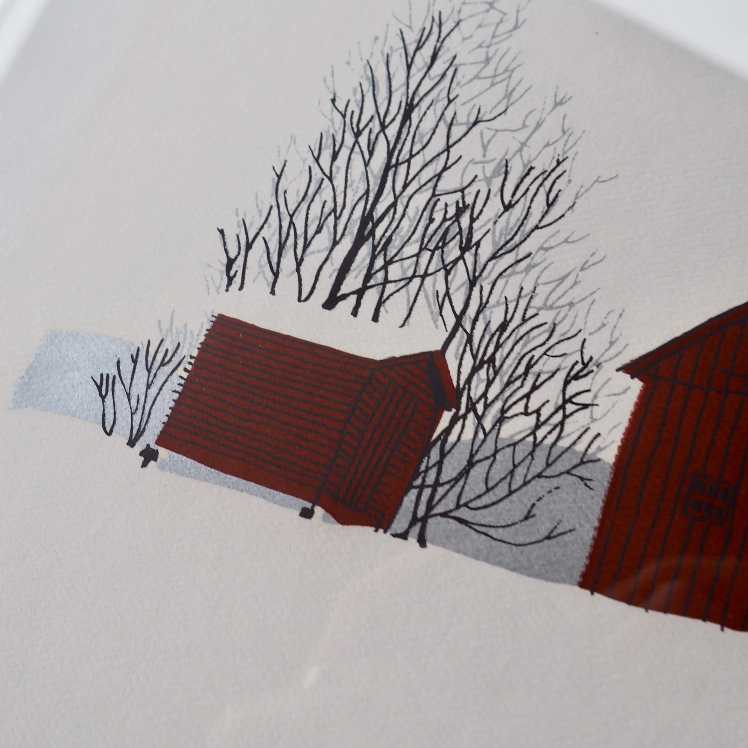 close up of screen printed red barn