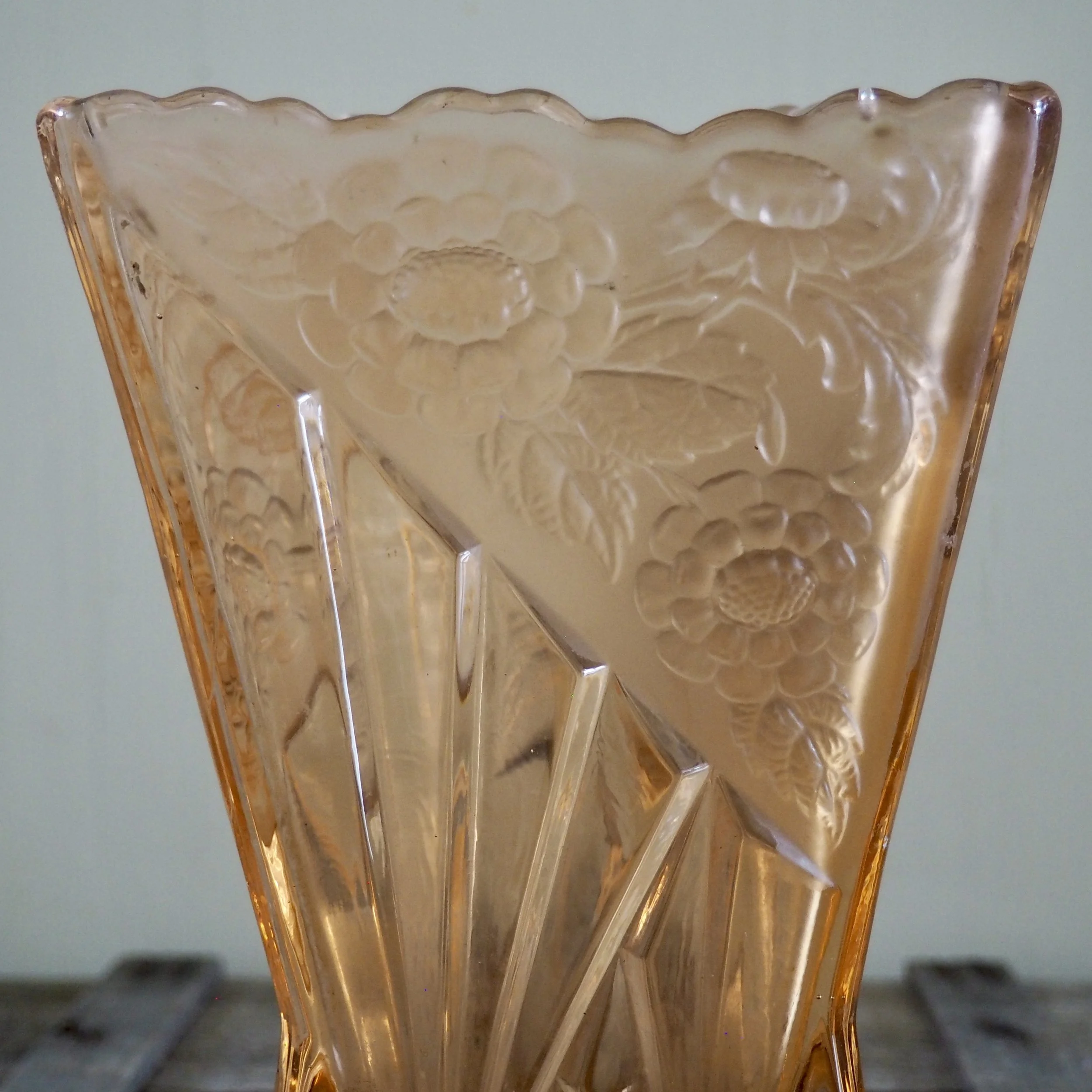 1930's pressed glass vase close up