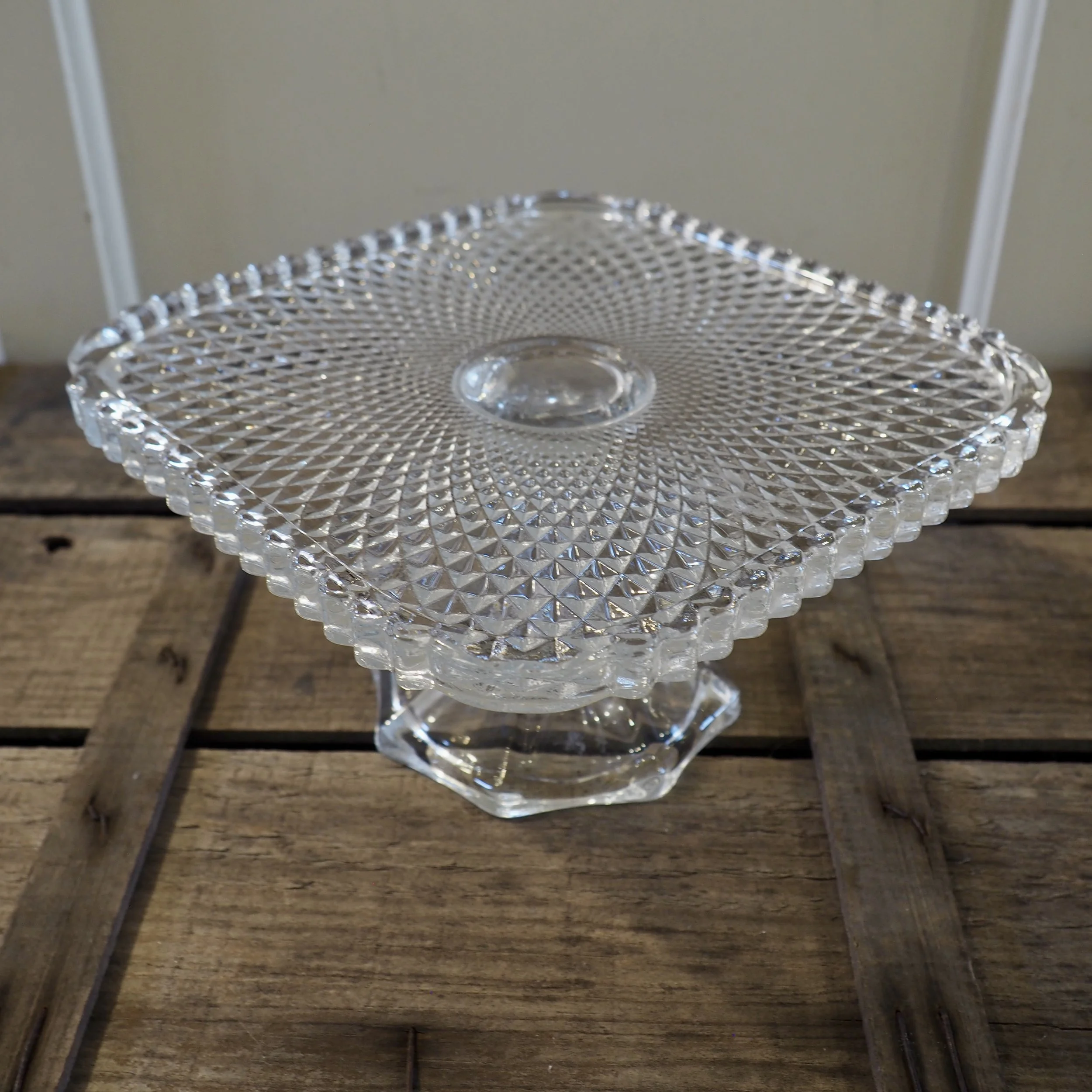 squared footed pressed glass cake stand