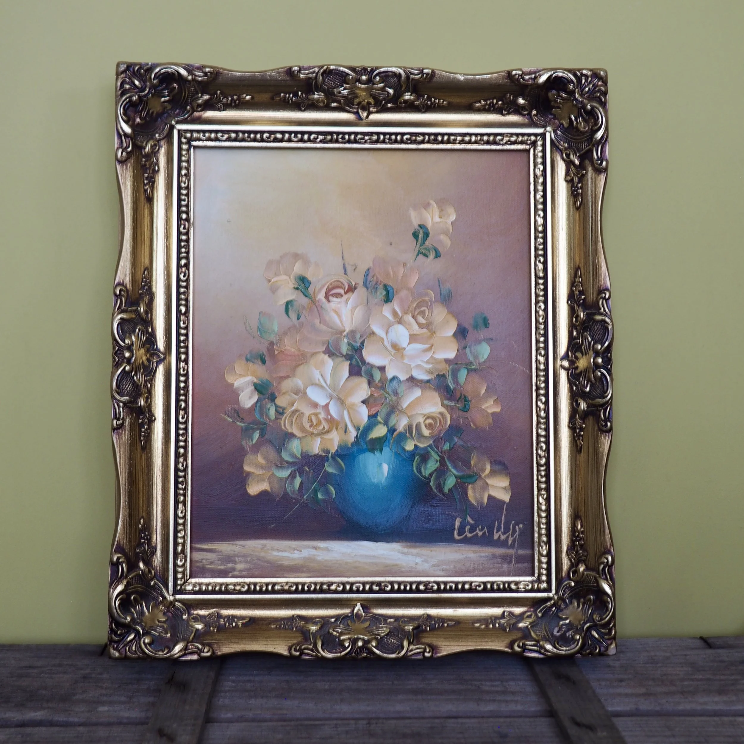 oil on canvas, small framed still life of roses in a vase