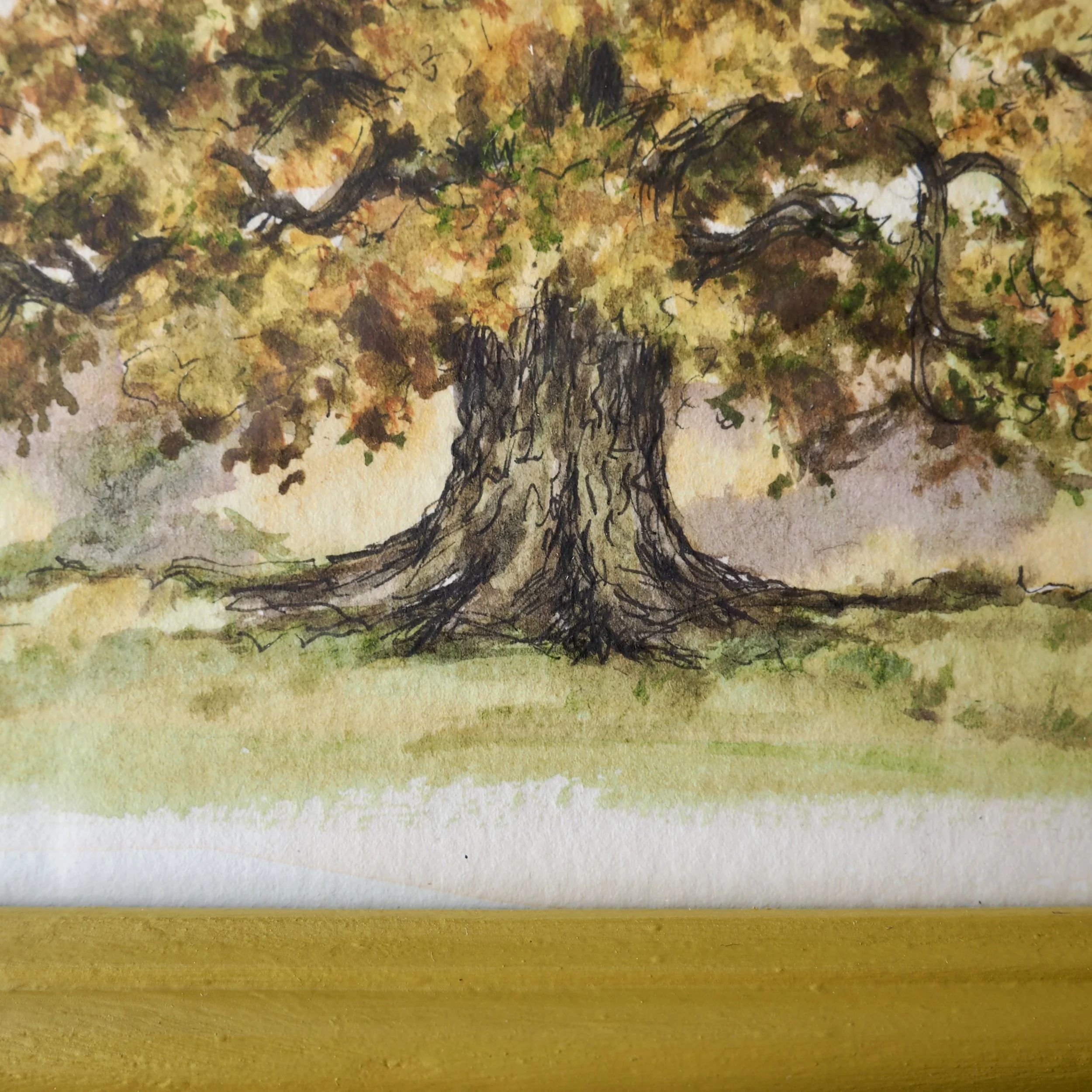 Close up of an oak tree in autumn watercolour