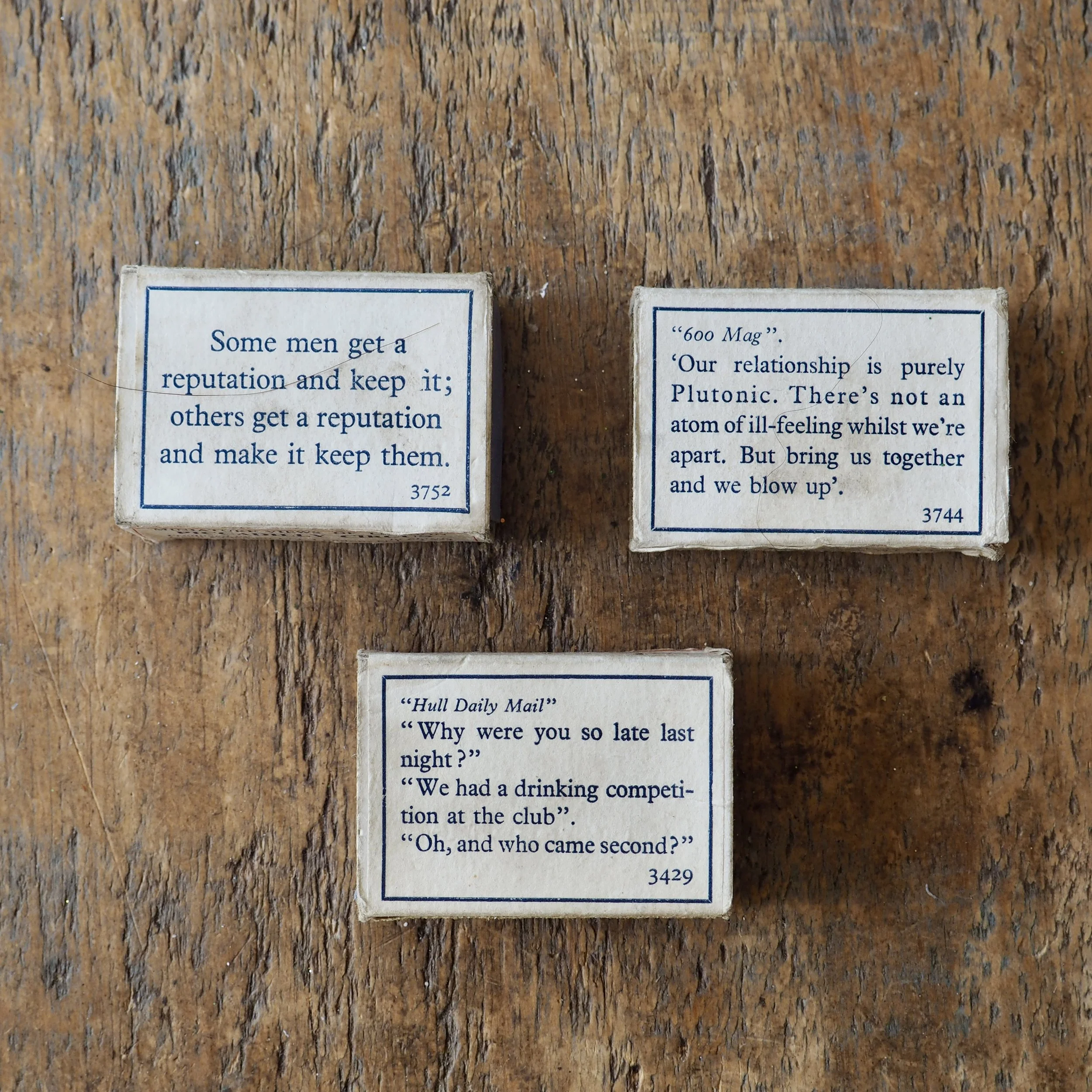 quotes on the reverse of 3 vintage Englands Glory matchboxes