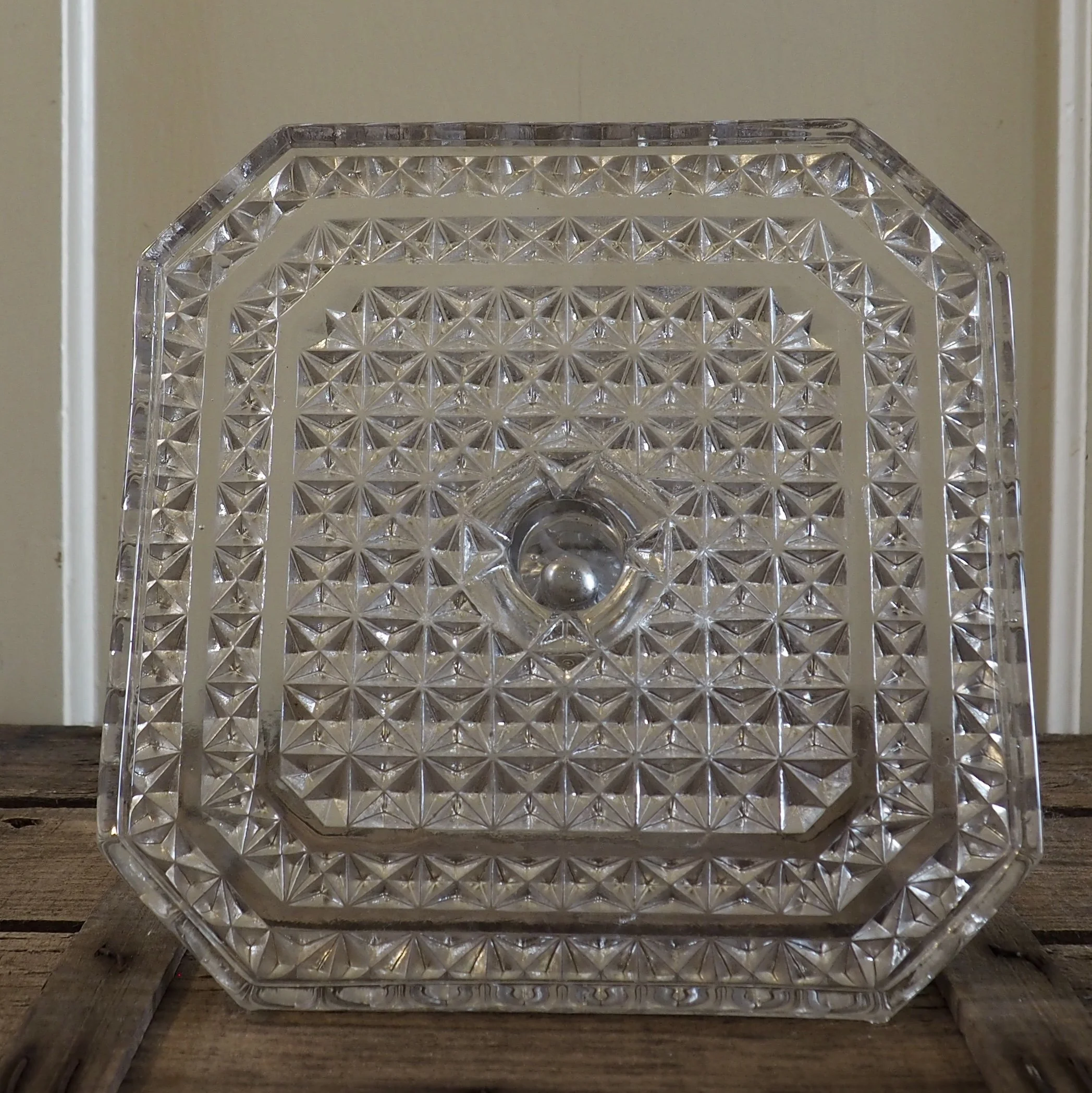 heavy mid century pressed glass cake stand top view