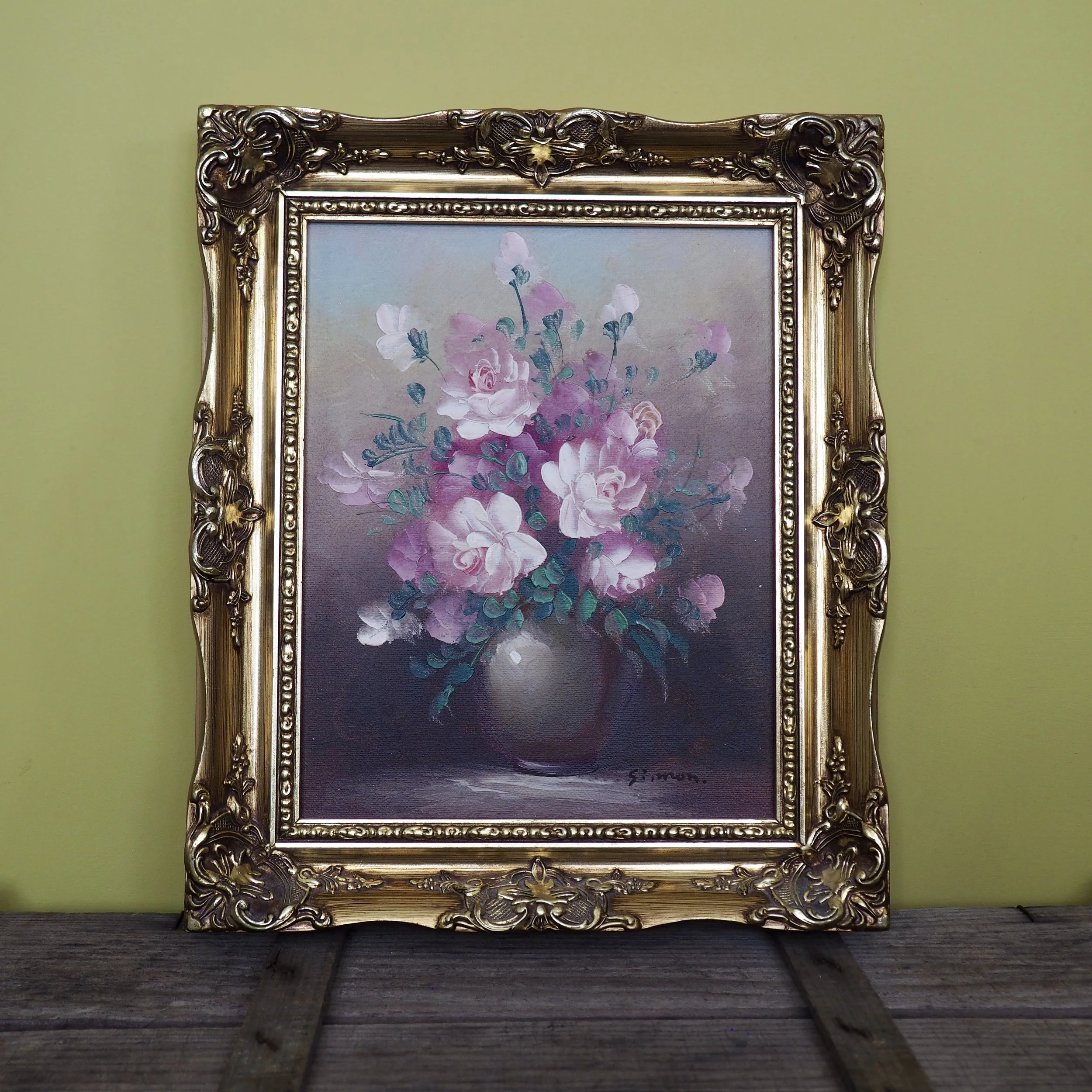 small framed still life of roses in a vase, signed