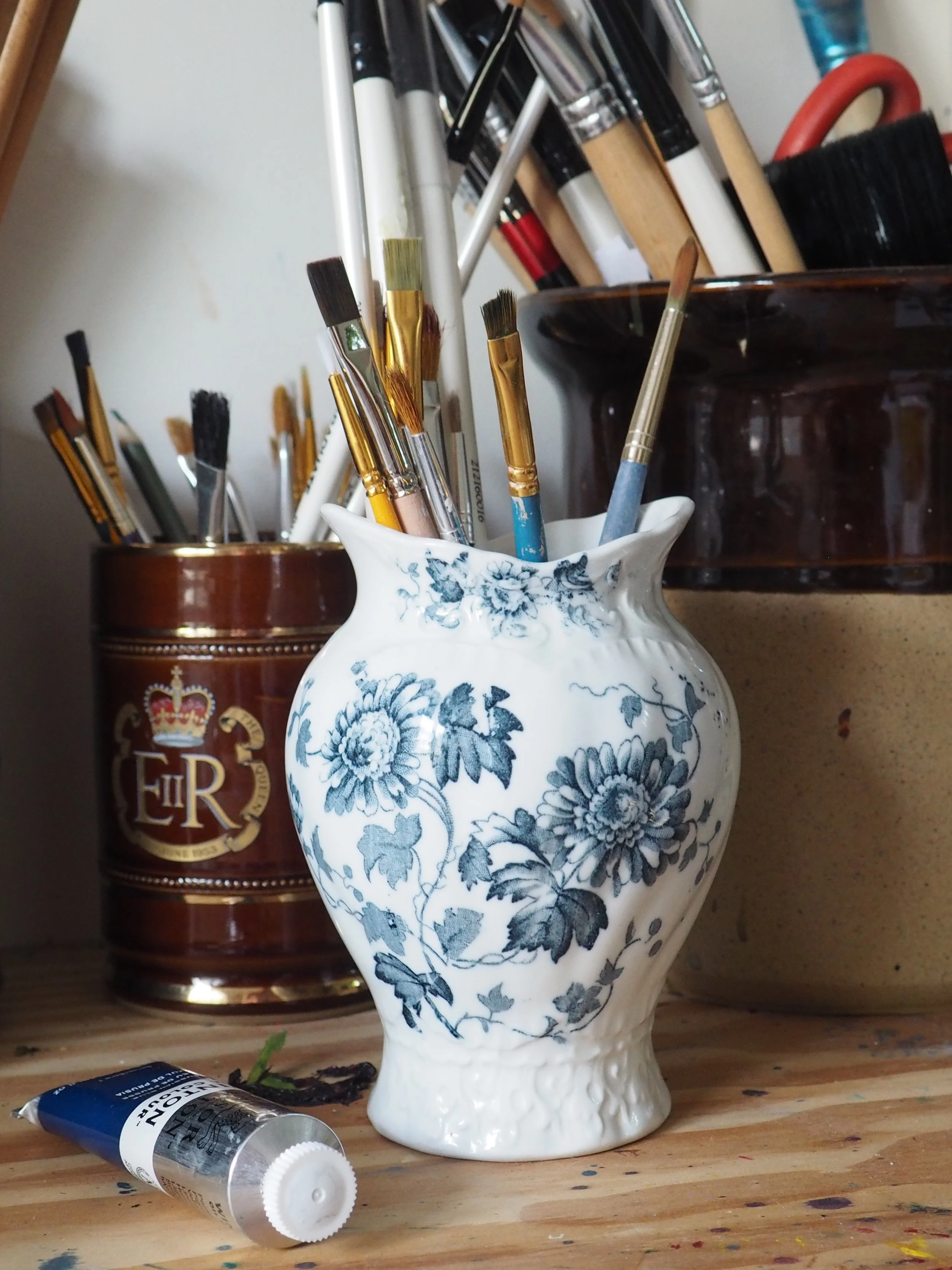 Victorian blue and white water beaker posy vase