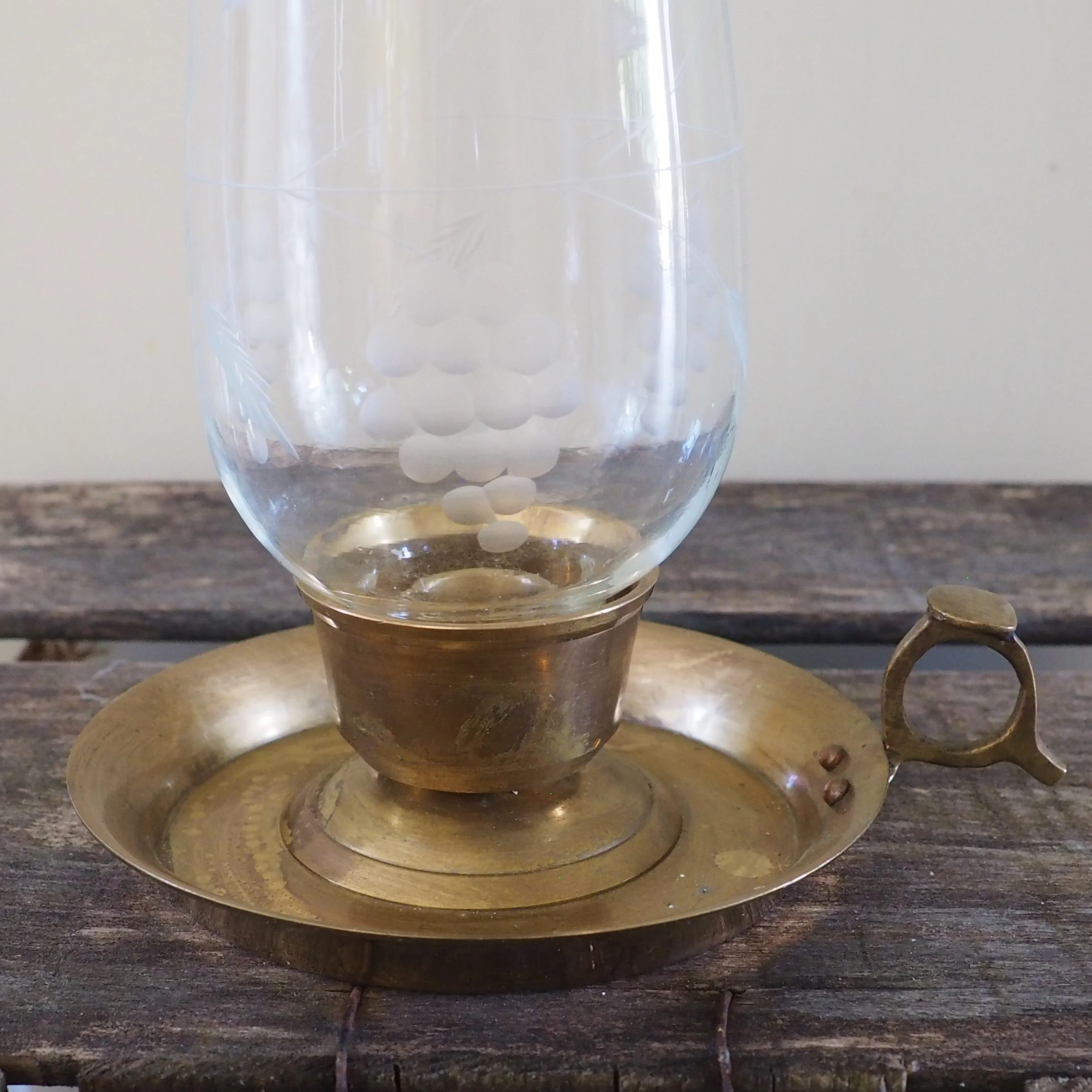 copper chamberstick with glass cover detail