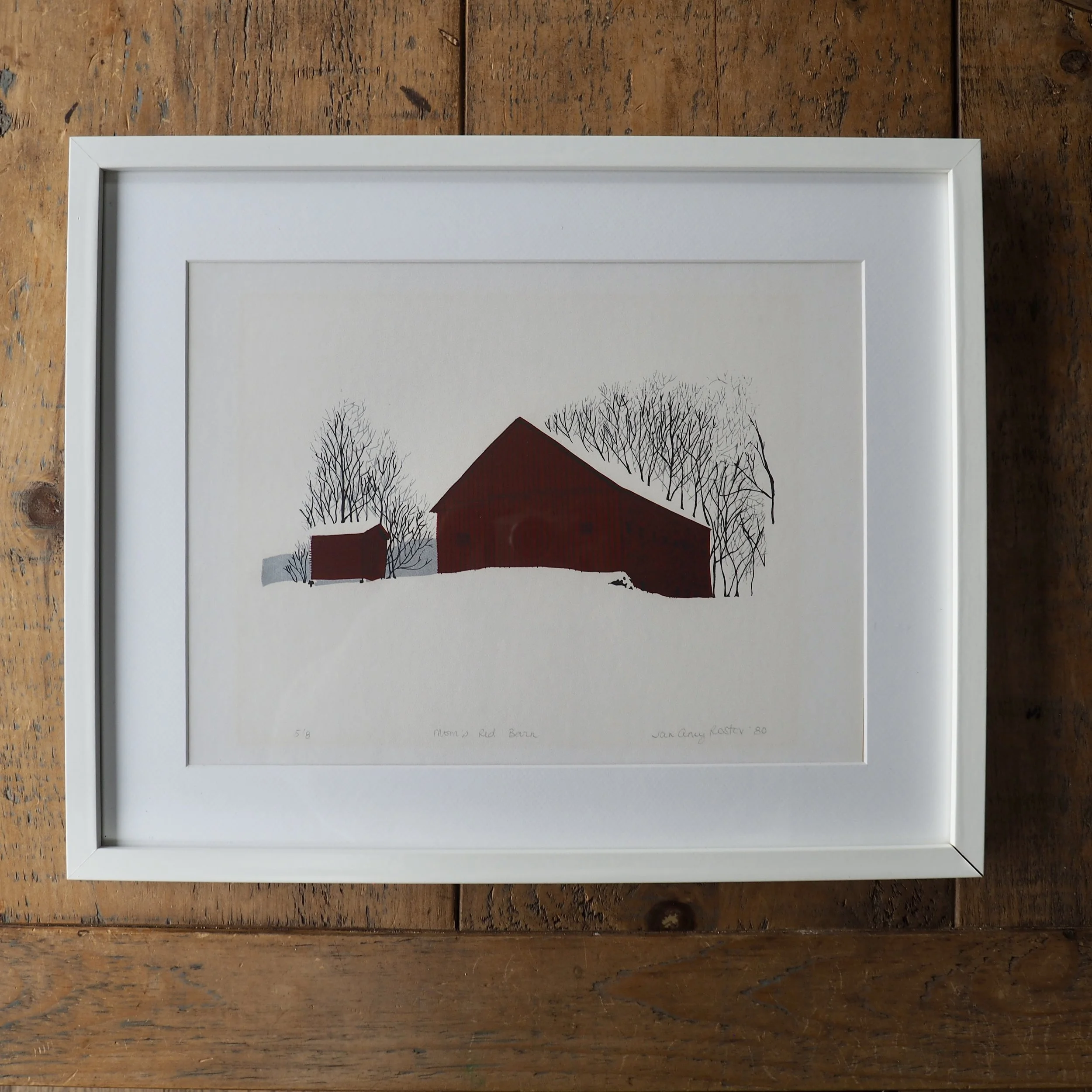 scan inspired original screen print titled "Mom's Red Barn" by Jan Amy Rostov