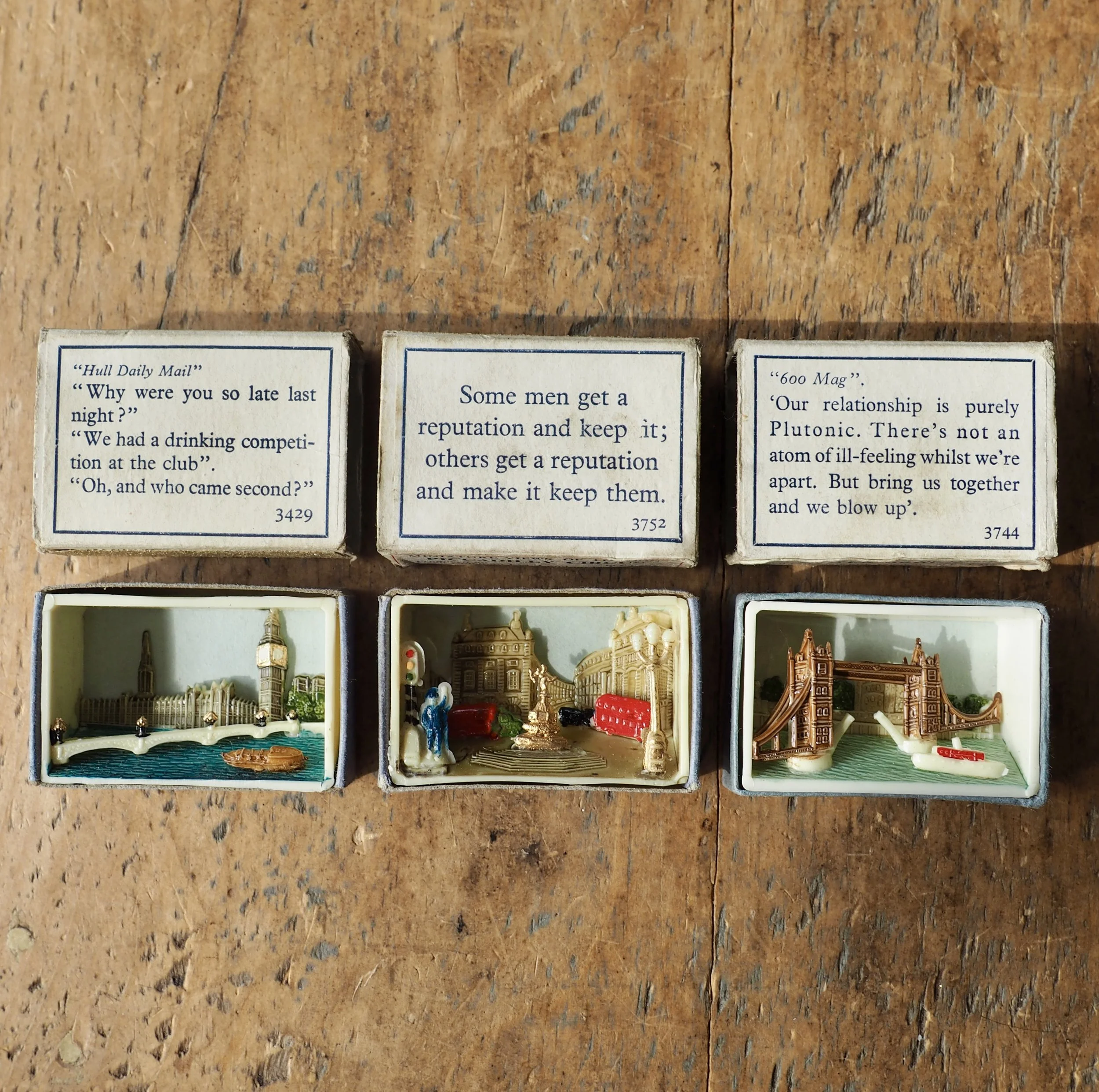 3 x vintage matchbox dioramas. views of London, Piccadilly Circus, Tower Bridge, Houses of Parliament. Englands Glory