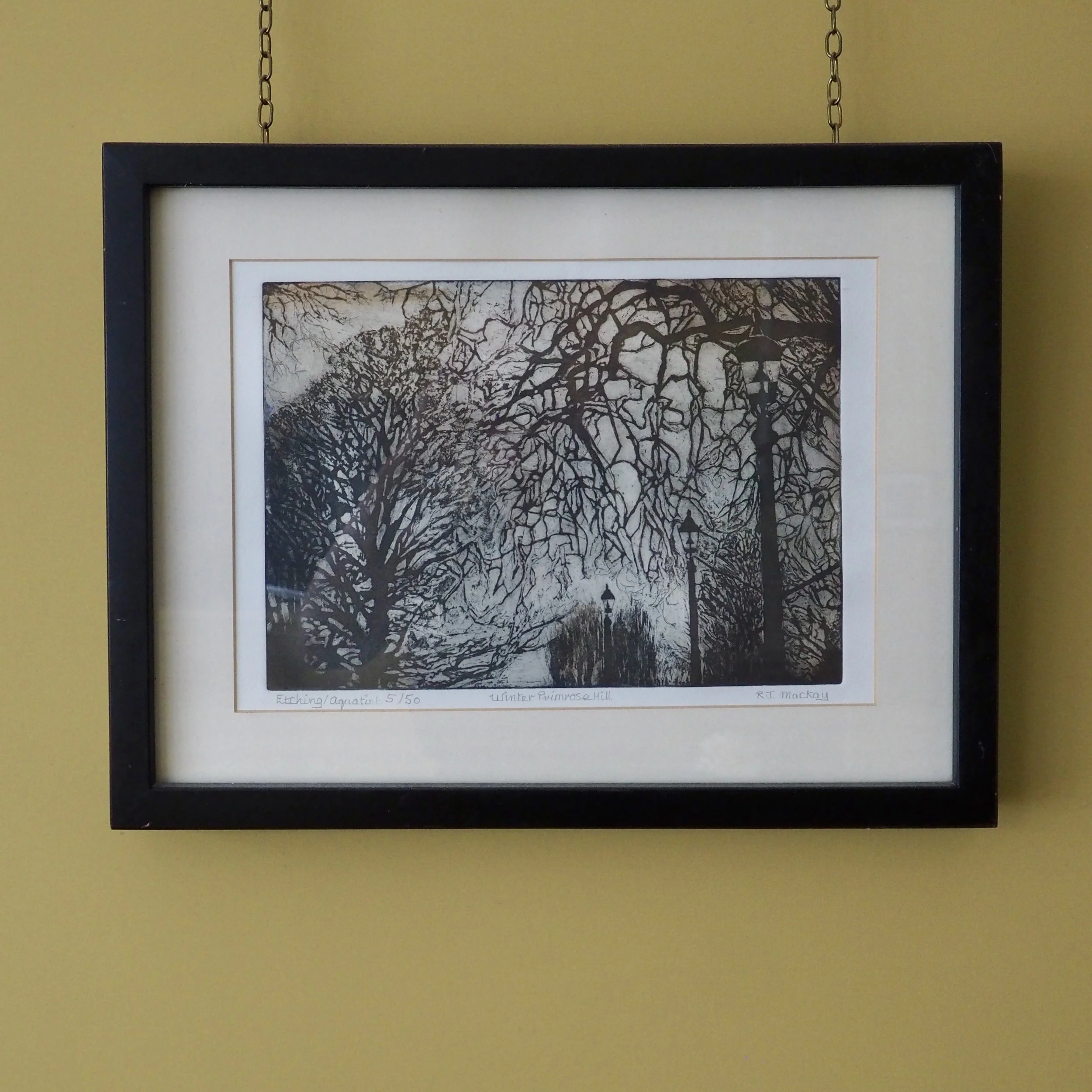 Framed etching of Primrose Hill in winter