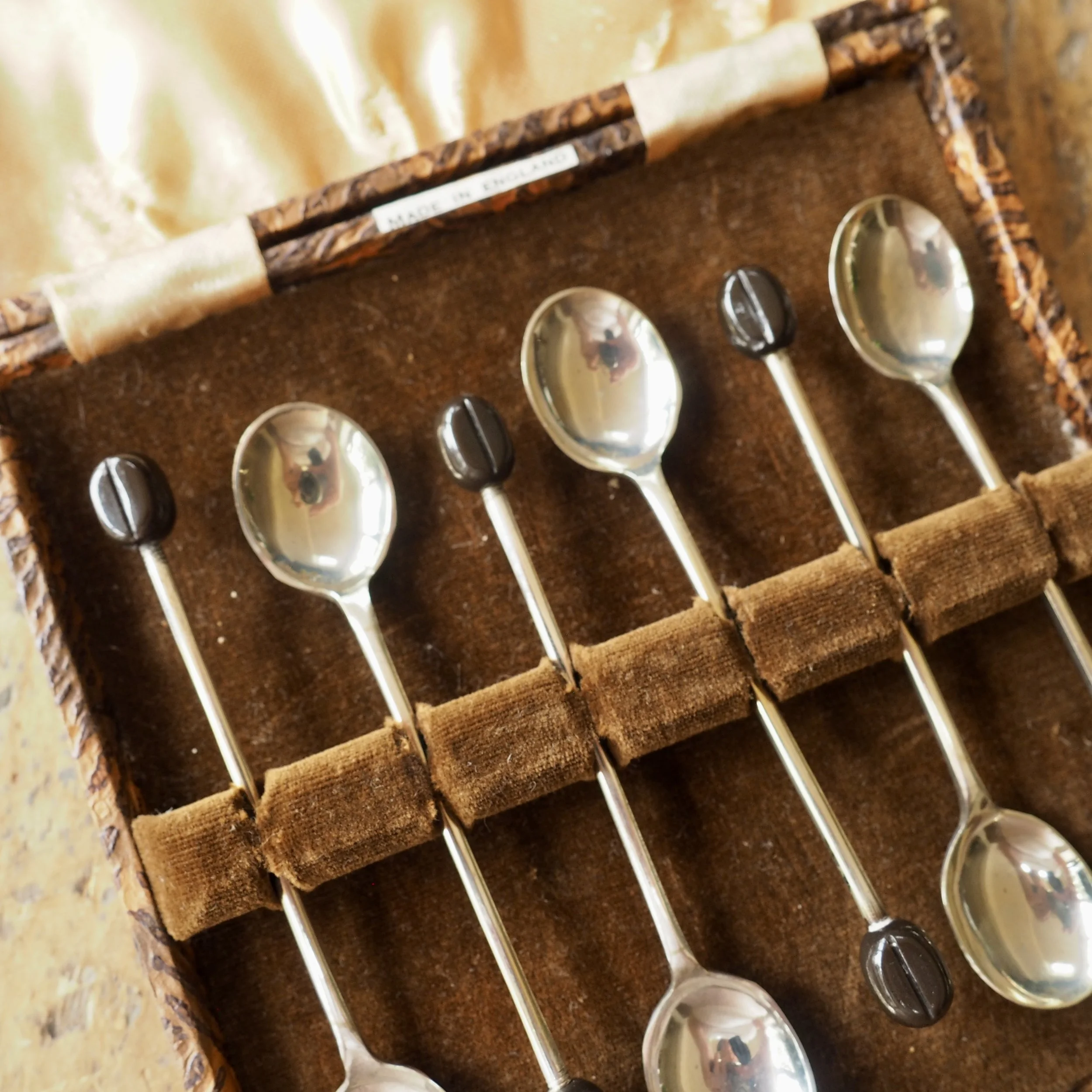 Set of 6 epns vintage coffee bean spoons mid century