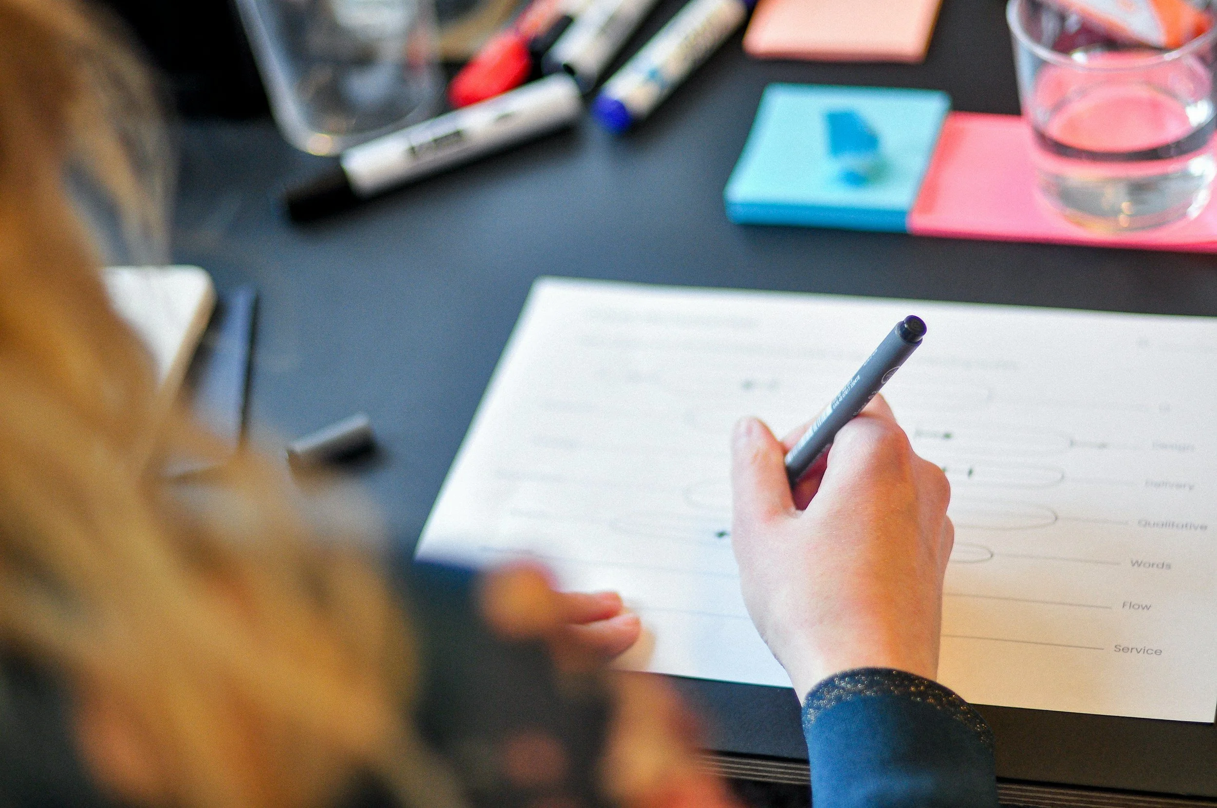 Woman writing during work place creative writing workshop
