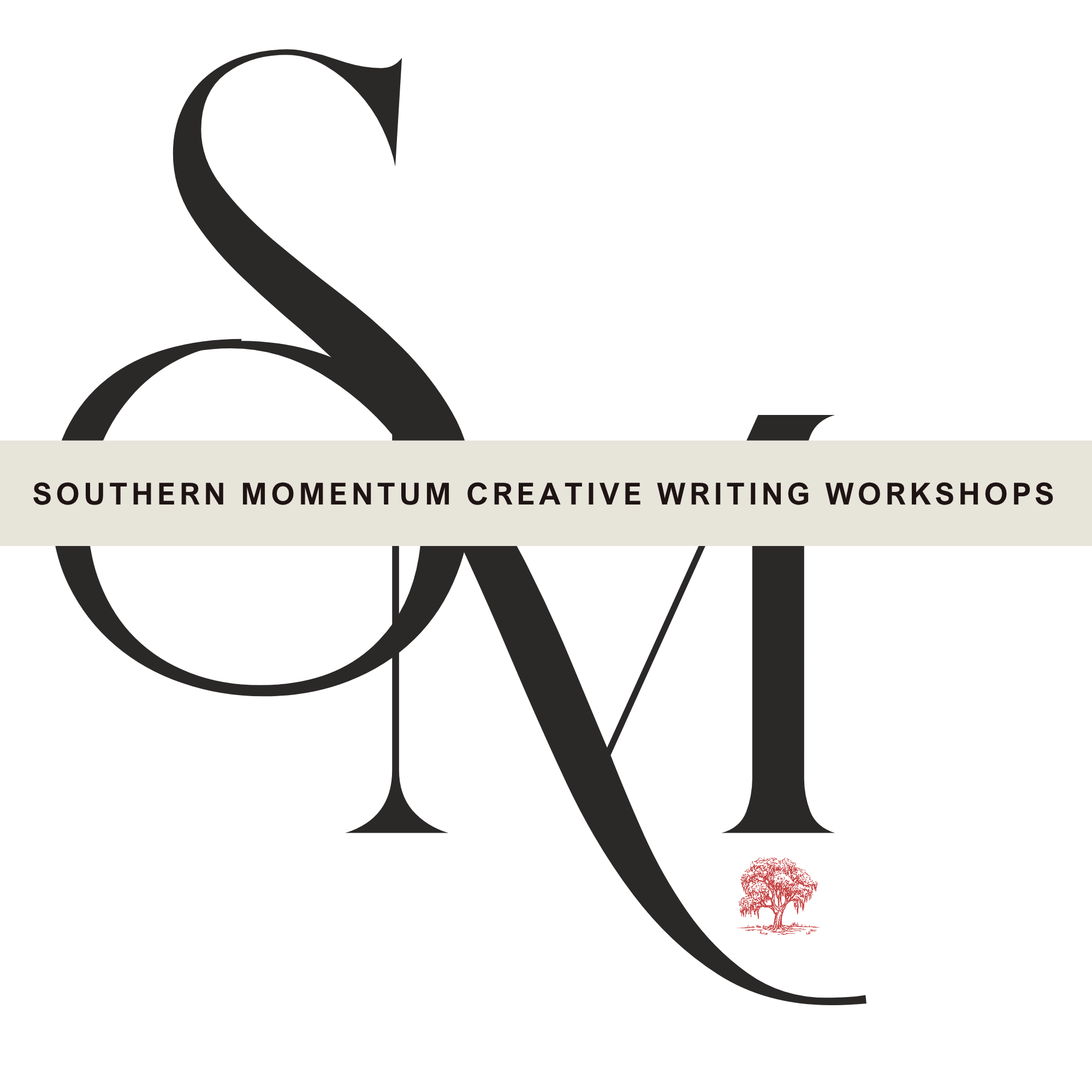 Promotional flyer for Southern Momentum Creative Writing Workshops featuring a black background, a stylized black and red tree logo, and white text.
