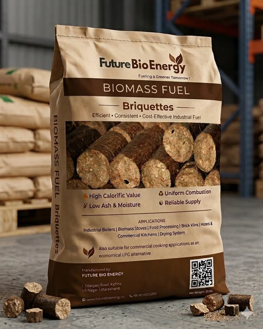 Biomass briquettes packaged by Future Bio Energy for industrial boilers and commercial fuel applications