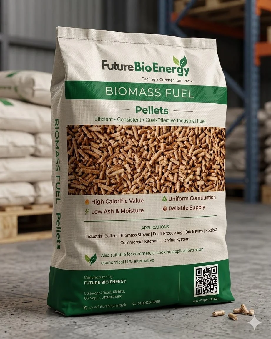 Biomass pellets packaging by Future Bio Energy used for industrial boilers and biomass stove applications