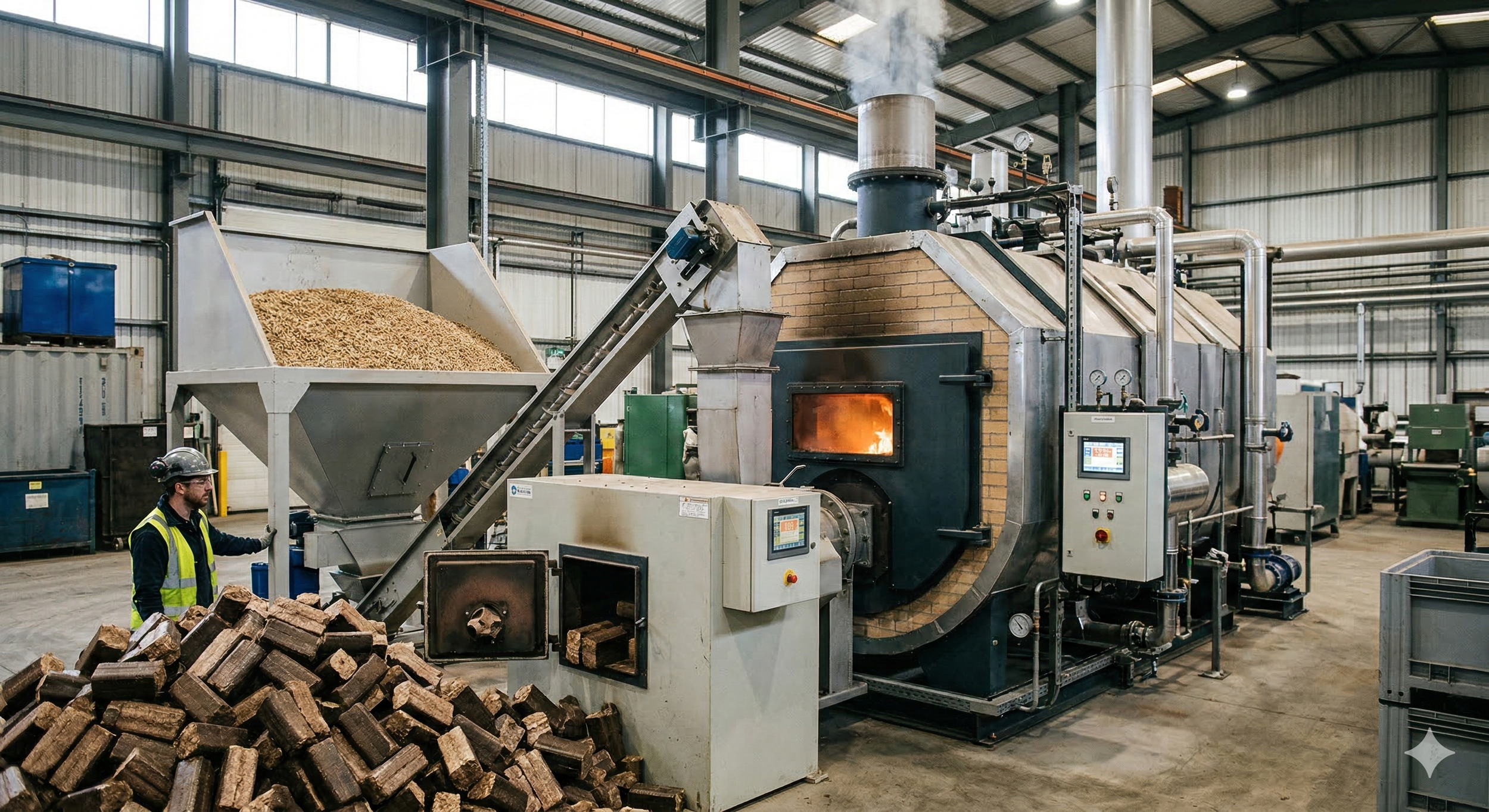 Biomass boiler used for industrial steam generation with pellet fuel