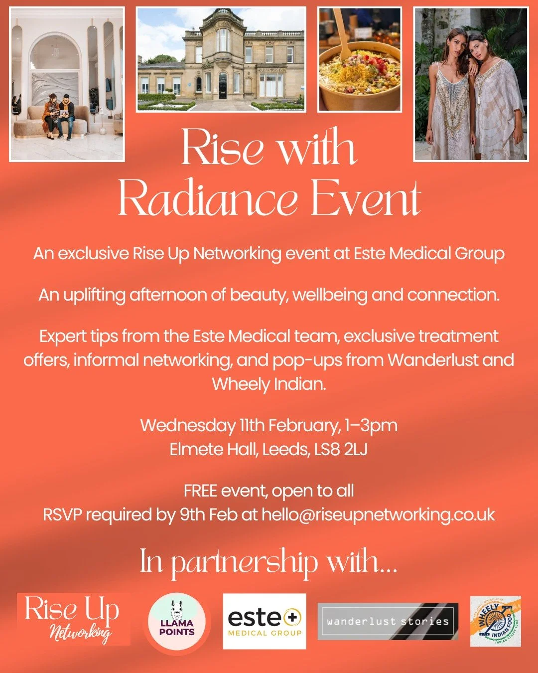 🧡 Rise with Radiance 🧡
An exclusive Rise Up Networking event at Este Medical Group Leeds. 

Join us for a relaxed, feel-good afternoon focused on confidence, wellbeing, and feeling radiant inside and out.

✨ Tips and expert advice from the Este Med