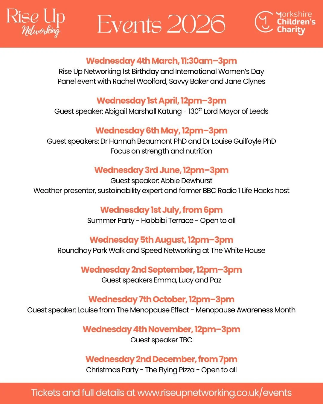 🧡 Dates for your diary, Rise Up Networking 2026 brings ambitious female business owners together.

From inspiring speakers to walking meetings and social events, every Rise Up event is designed to help women connect, share experiences and support ot