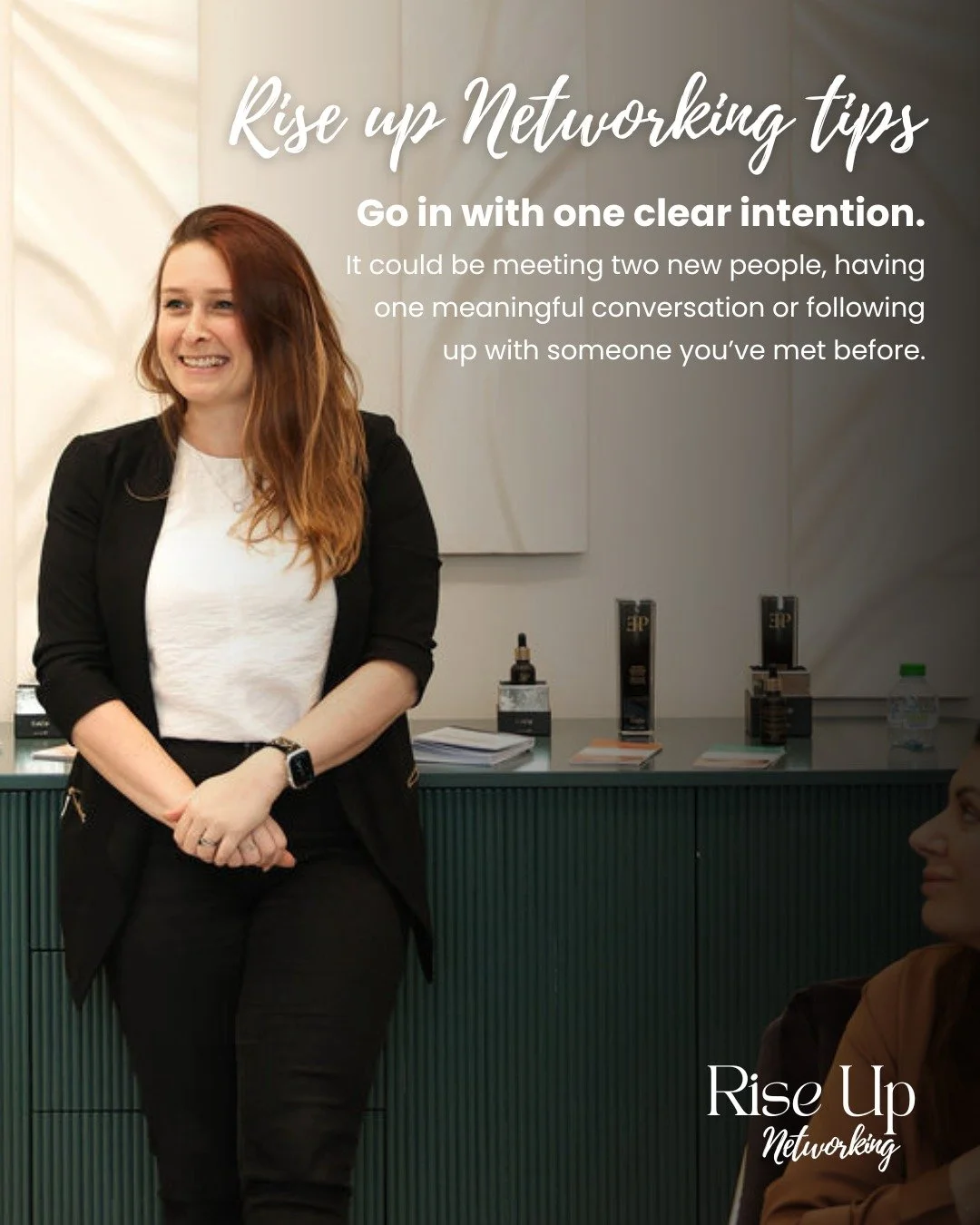 Rise Up Networking tip from Lucy Guest

Go in with one clear intention.
It could be meeting two new people, having one meaningful conversation or following up with someone you&rsquo;ve met before.

It stops you from feeling overwhelmed and makes the 
