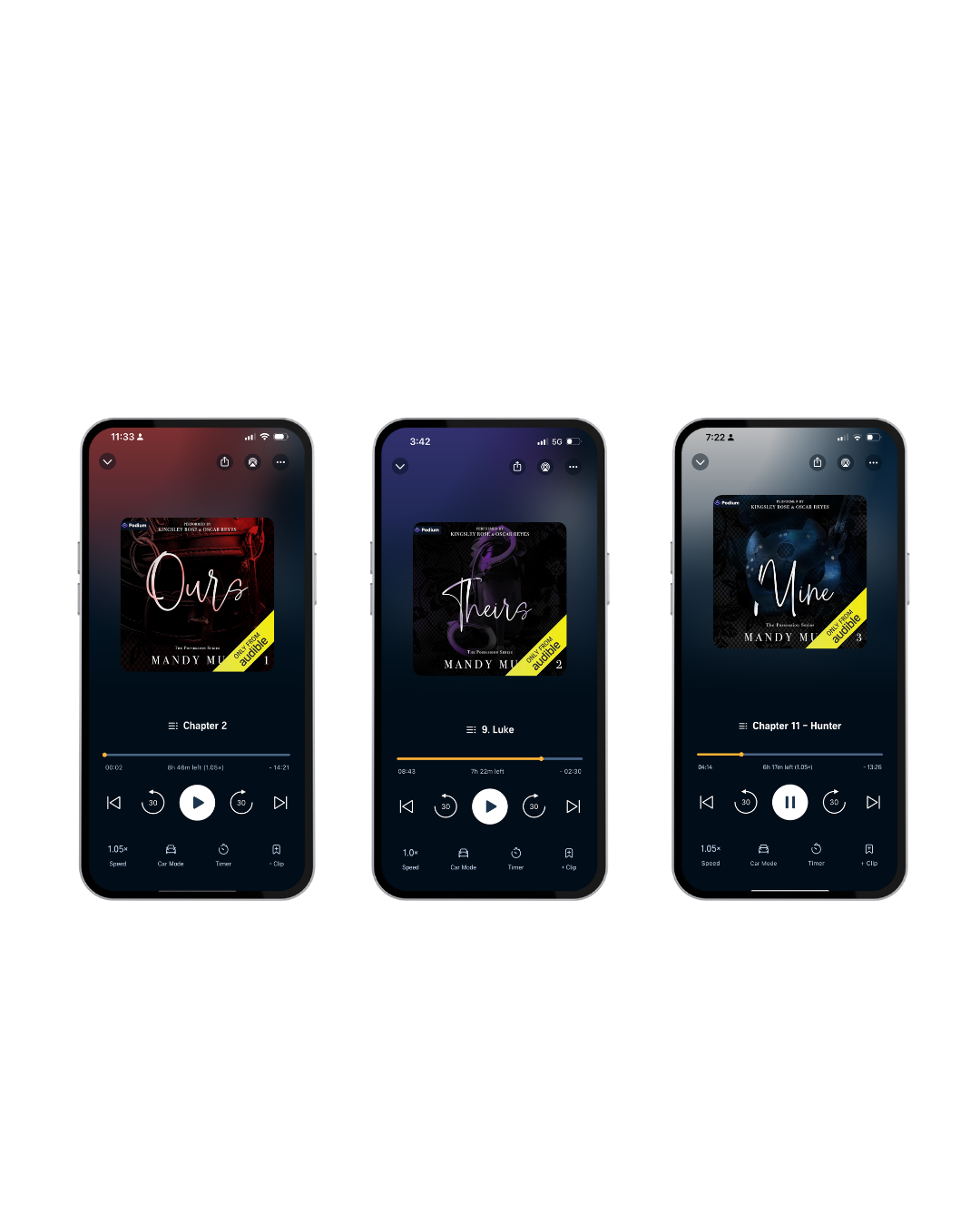 Three smartphones displaying audiobook covers and playback screens for a series titled 'The Pendragon Series' by Mandy M. The covers are titled 'Ours', 'Theirs', and 'Mine' with chapter progress and playback controls visible.
