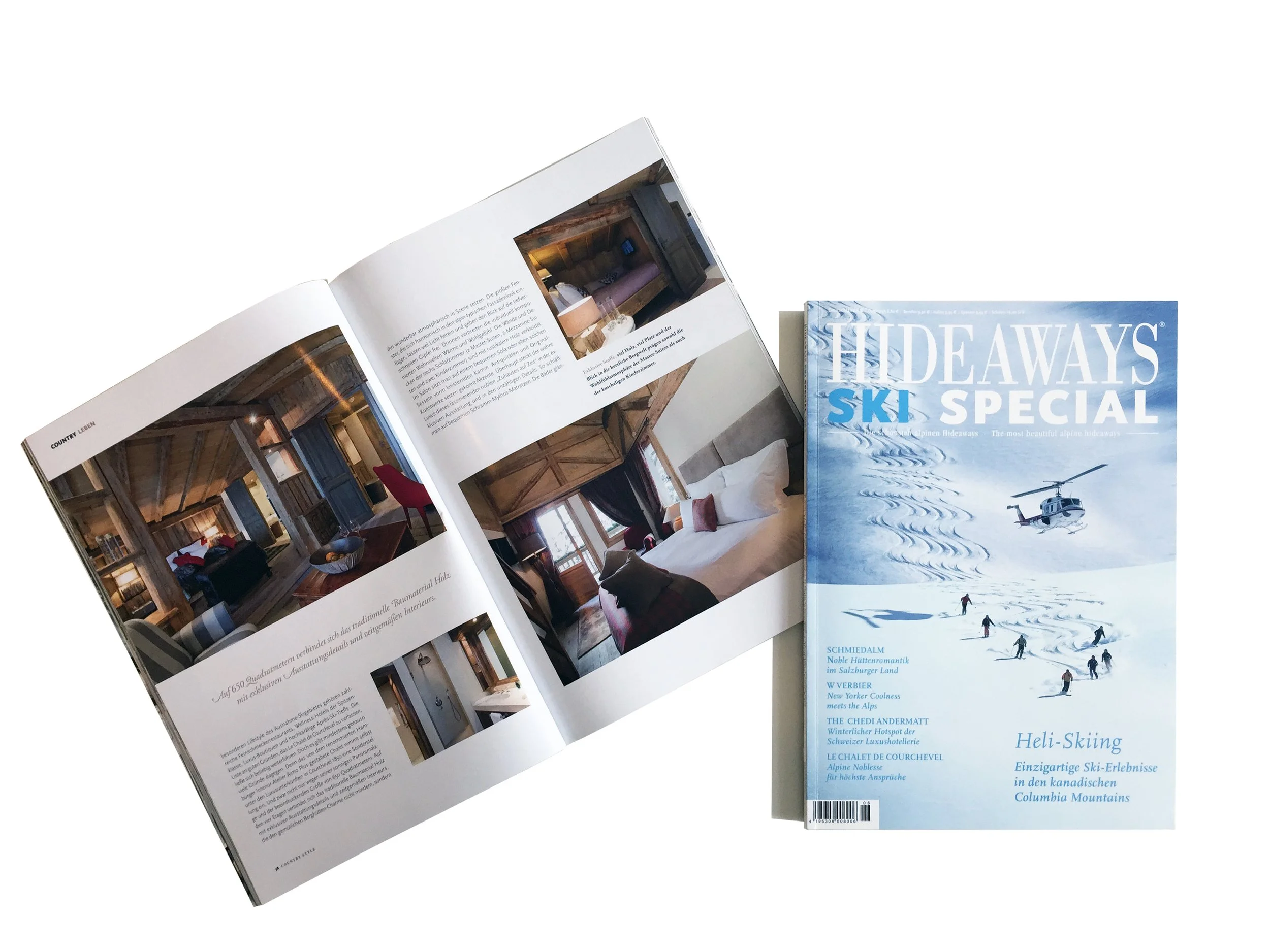 Broschüre mit Schneebildern und Skifahrern, Titel 'HIDE AWAYS SKI SPECIAL', Thema Winterurlaub in den kanadischen Columbia Mountains, Fokus auf Heliskiing und alpine Erlebnisse.