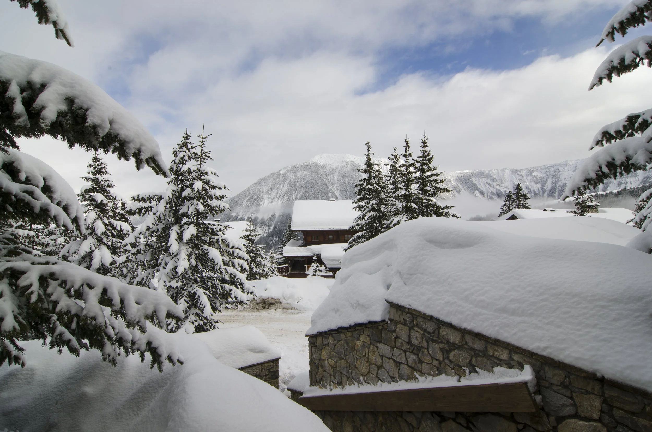 Schneebedeckte Berge und Tannenbäume vor einem Haus in den Bergen, bewölkter Himmel.