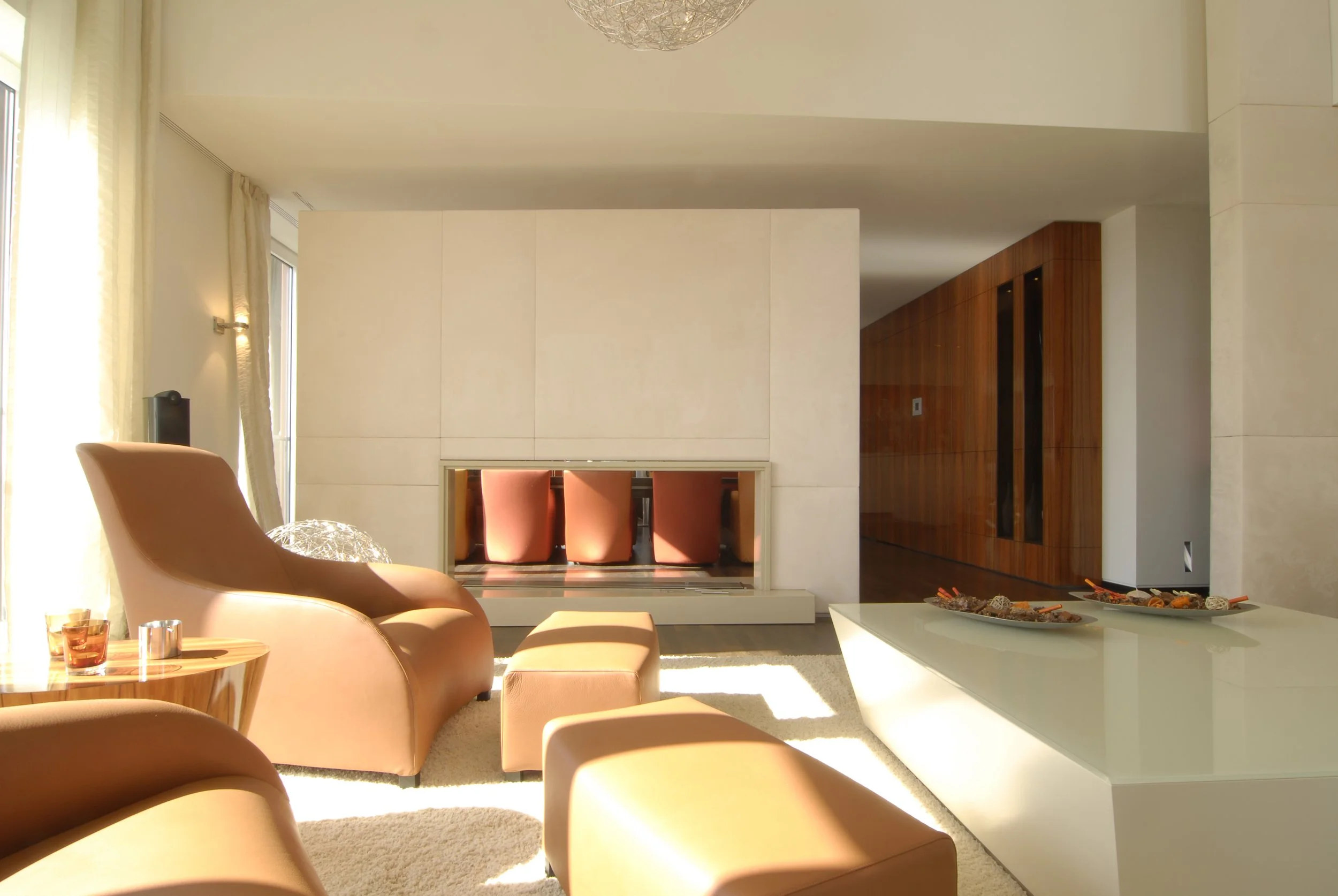 Modernes Wohnzimmer mit Lederpolstern, Kamin und leichter natürlicher Beleuchtung.