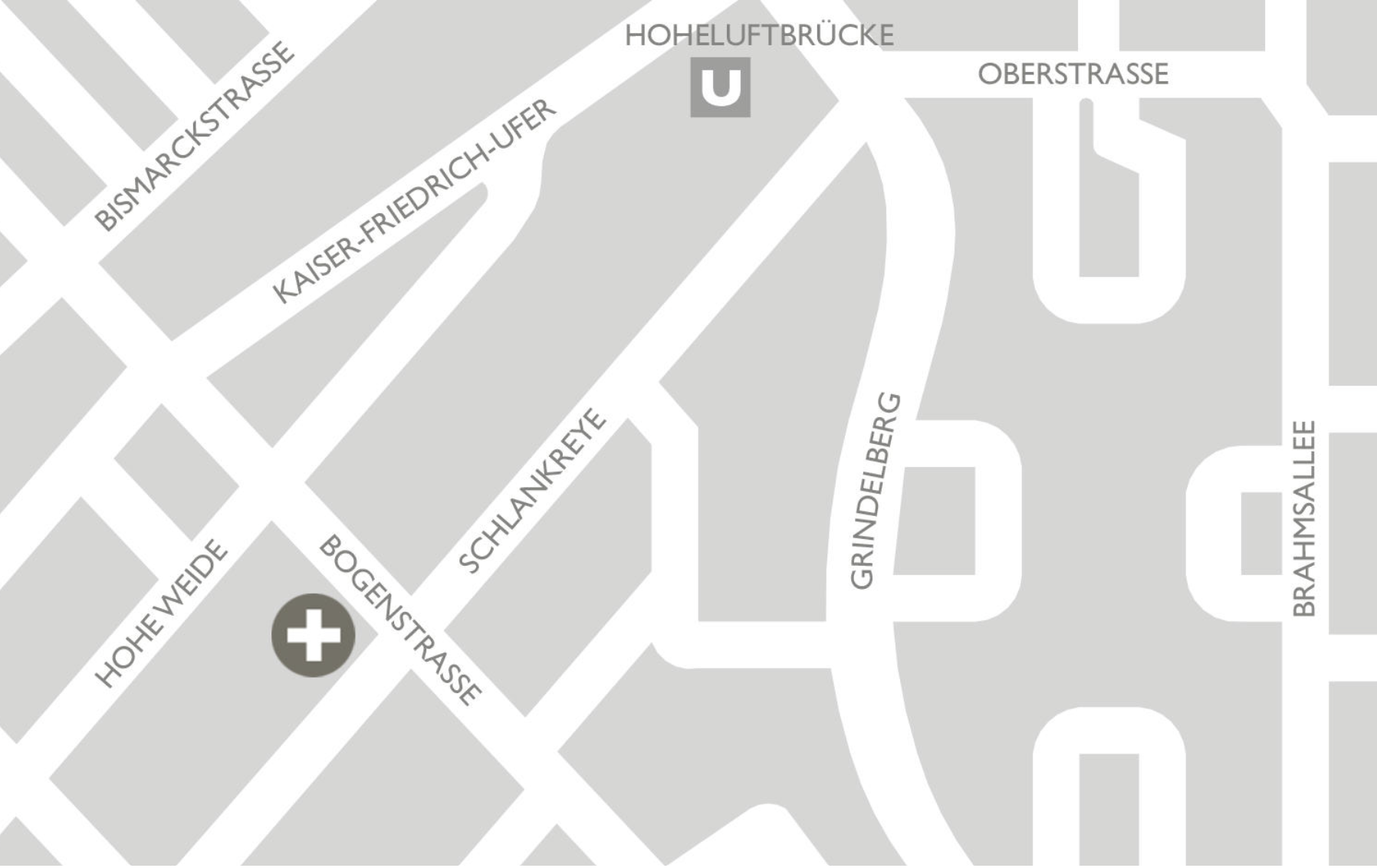 Lageplan mit Straßennamen, U-Bahn-Station Hoheluftbrücke, medizinisches Kreuz, und umliegende Straßen in einer städtischen Gegend.