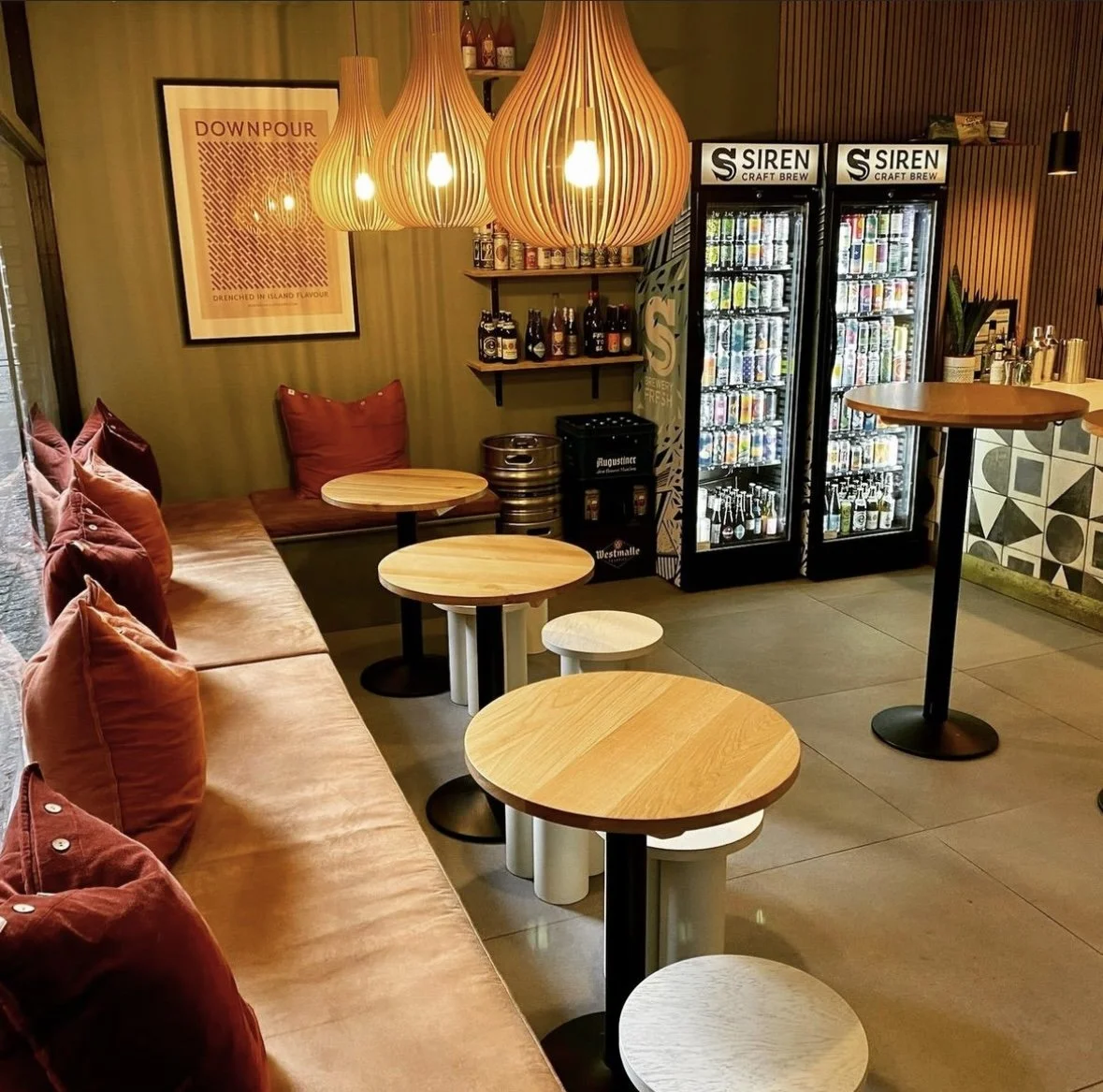 Bespoke banquette seat cushion in a Gin Bar in Guildford.