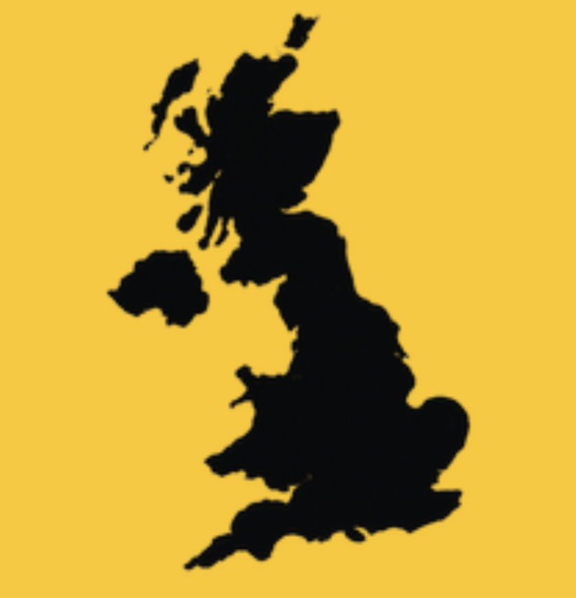 Black silhouette of the United Kingdom map on a yellow background.