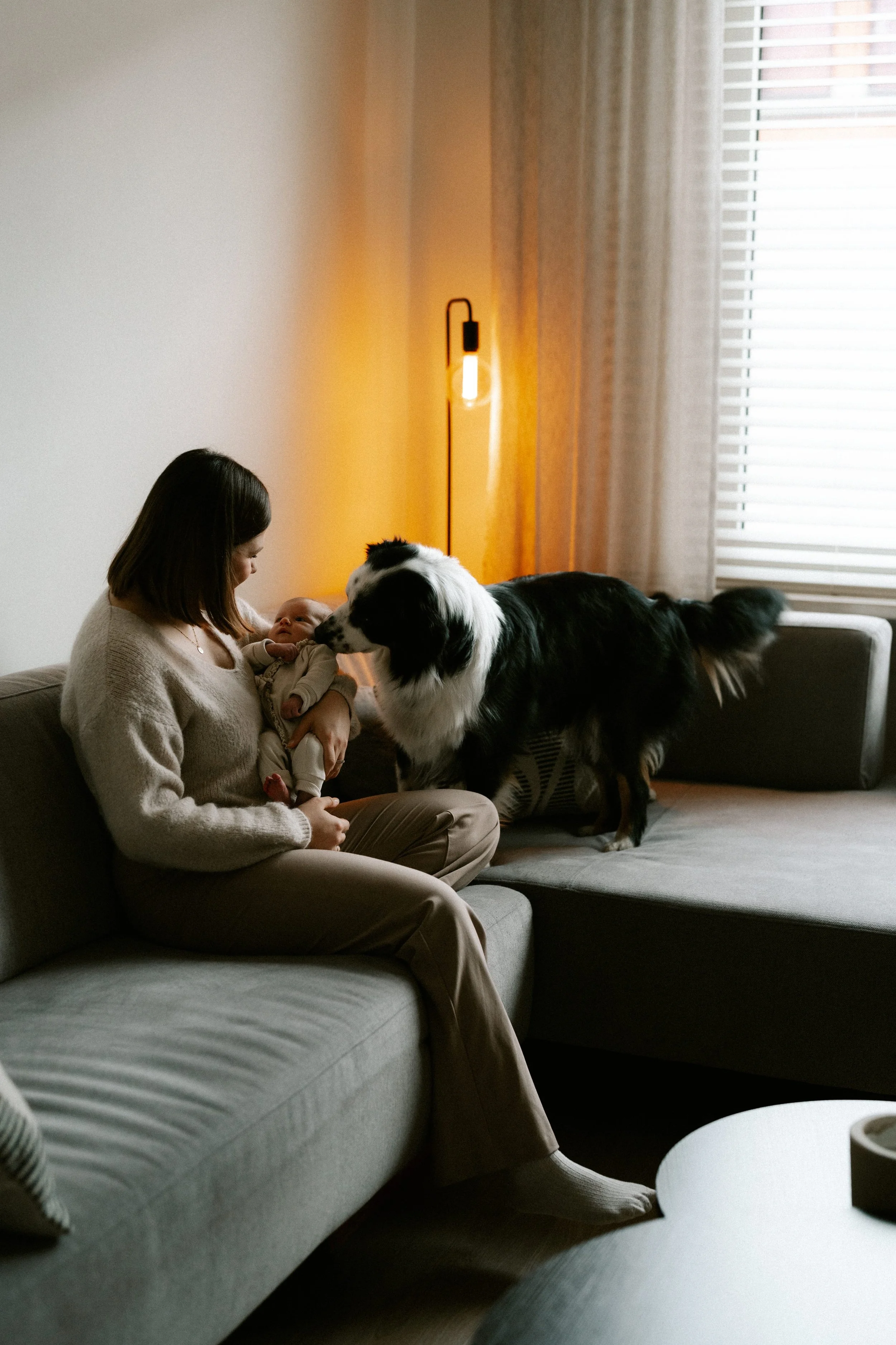 quiet newborn moments captured in the family living room
