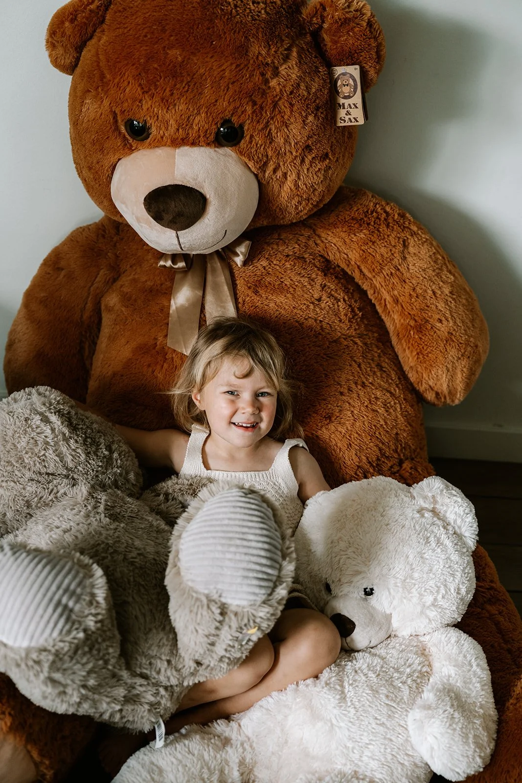 grote zus omringd door haar favoriete knuffelberen