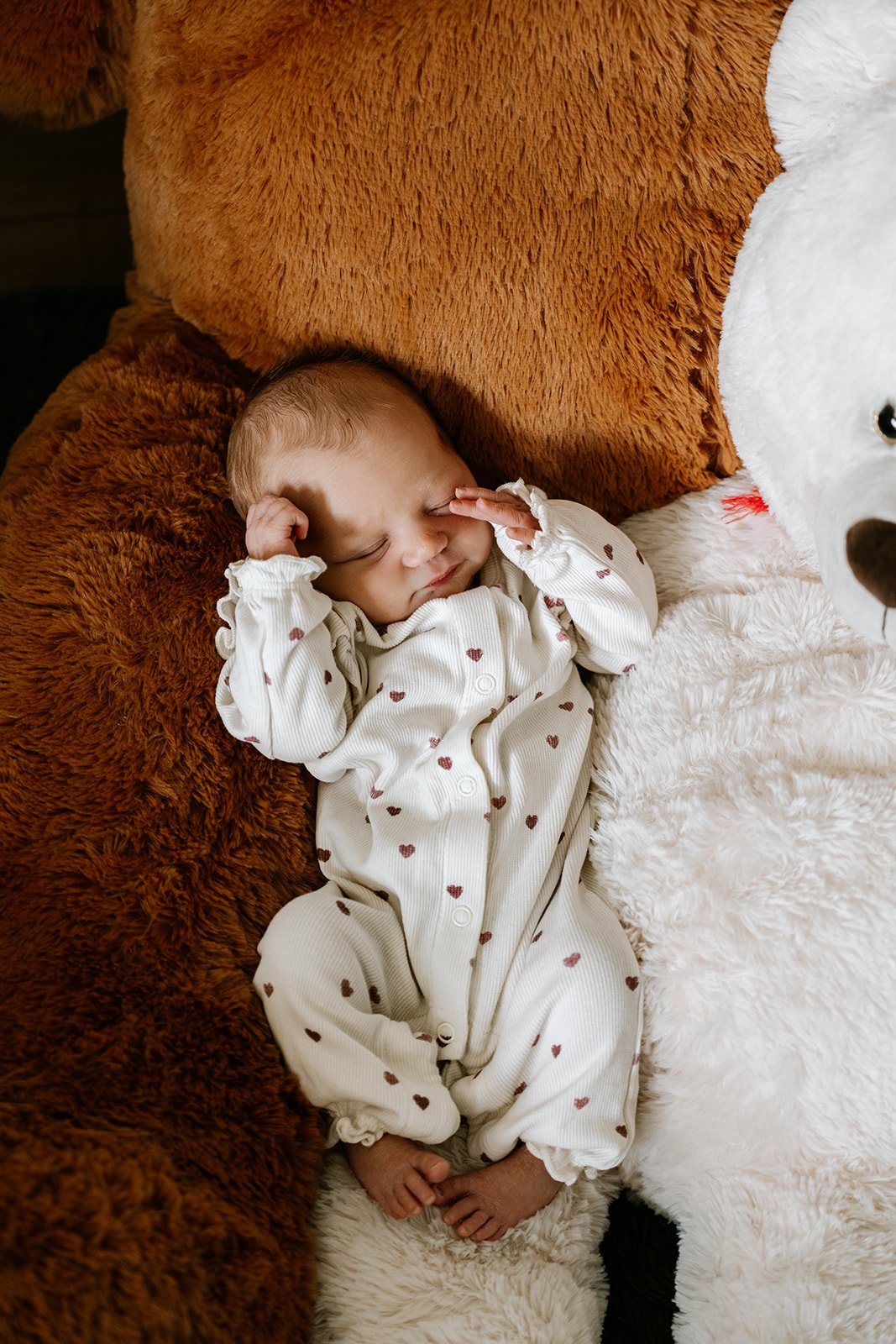 Newborn slaapt tussen haar grote knuffeldieren