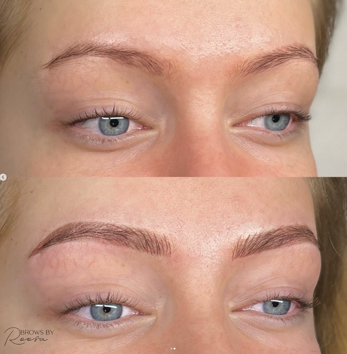 Ennen ja jälkeen microblading kestopigmentoinnin. Lähikuvat naisen kasvoista.